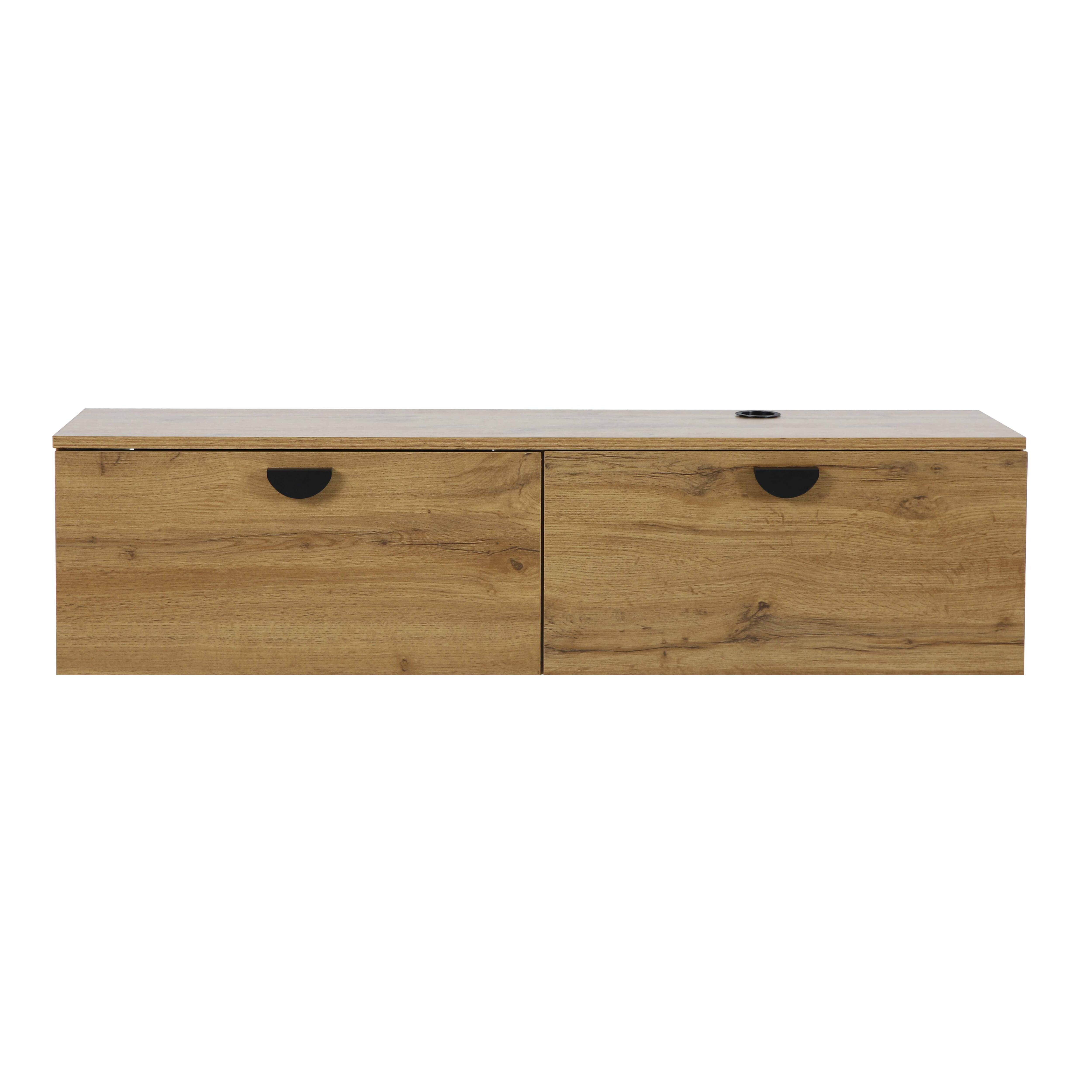 Ein Holzschrank mit zwei Schubladen und schwarzen Griffen vor weißem Hintergrund.