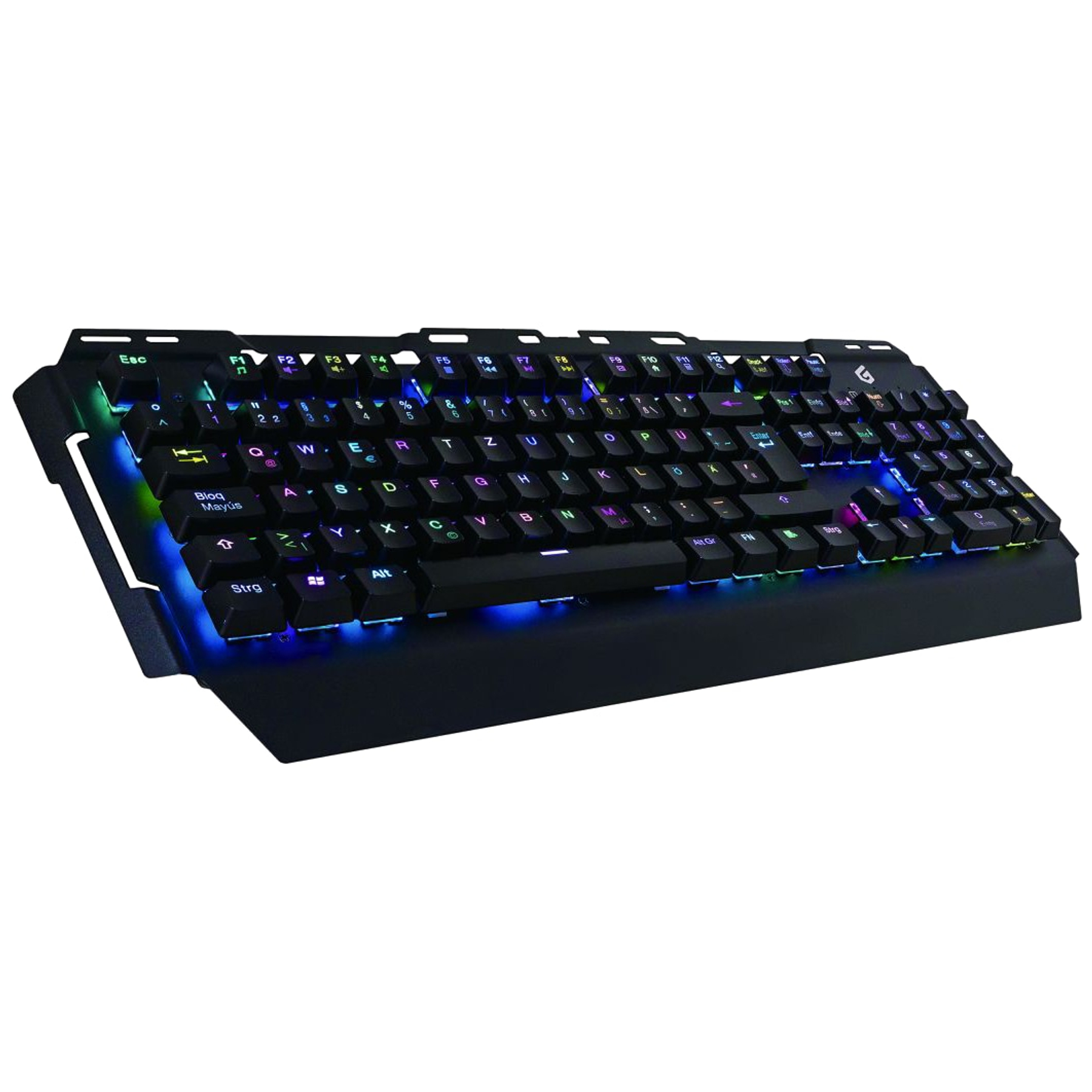 Una tastiera da gioco nera con tasti multicolori è mostrata su sfondo bianco. I tasti sono illuminati.