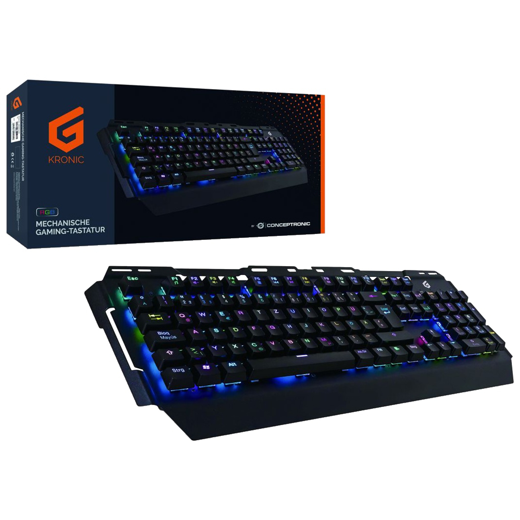 Una tastiera meccanica da gioco nera con illuminazione RGB è in mostra. Sullo sfondo c'è una scatola con l'immagine della tastiera.