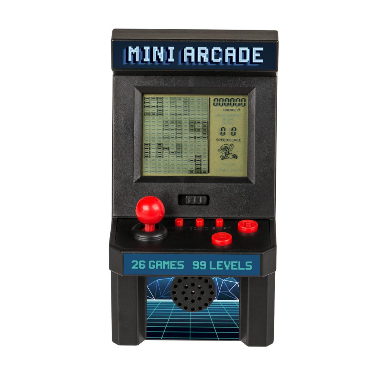 Een zwarte Mini Arcade-spelmachine met een scherm dat een spel weergeeft, een rode joystick en knoppen. De tekst 'Mini Arcade' staat bovenaan.