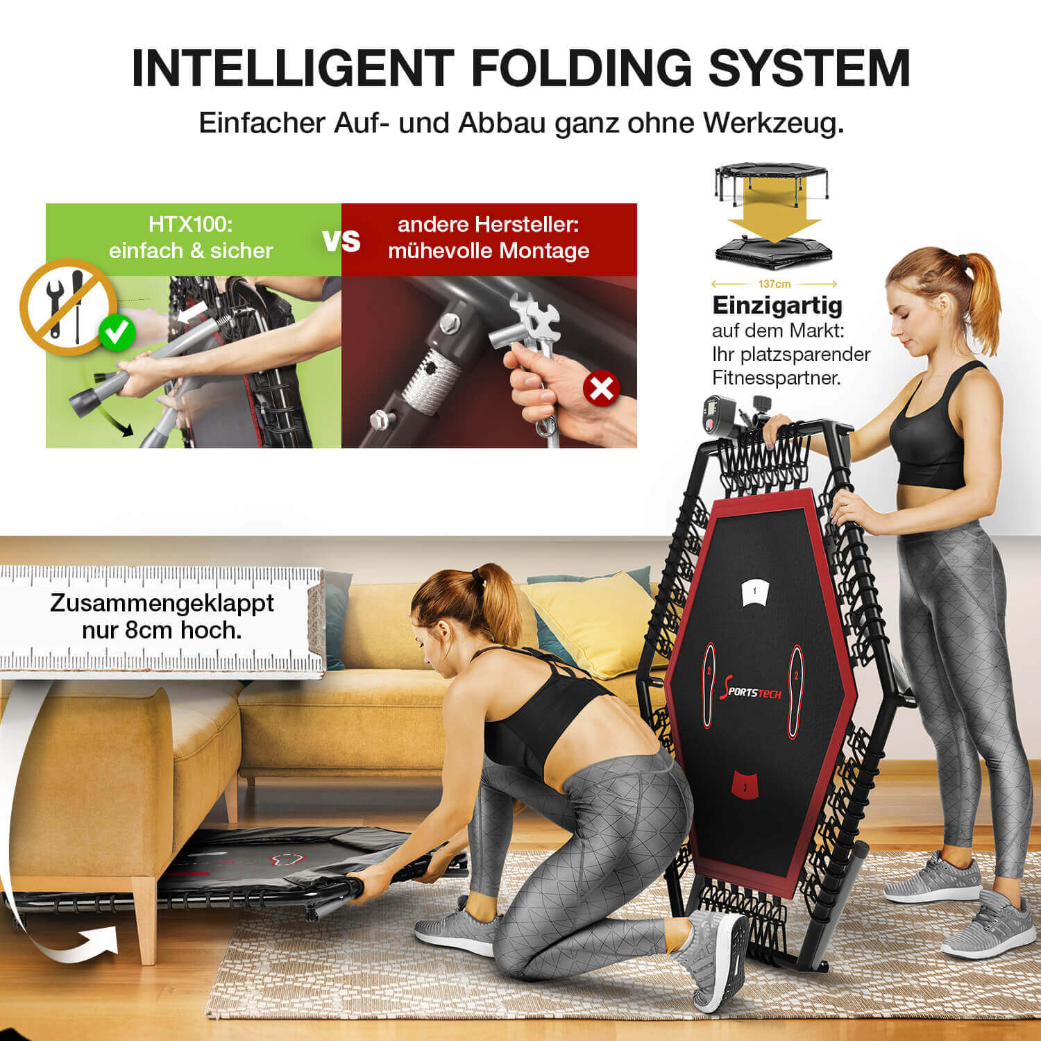 Bild zeigt ein zusammenklappbares Fitnesssystem. Zwei Frauen demonstrieren die Anwendung. Text hebt einfachen Aufbau, kompakte Lagerung hervor.