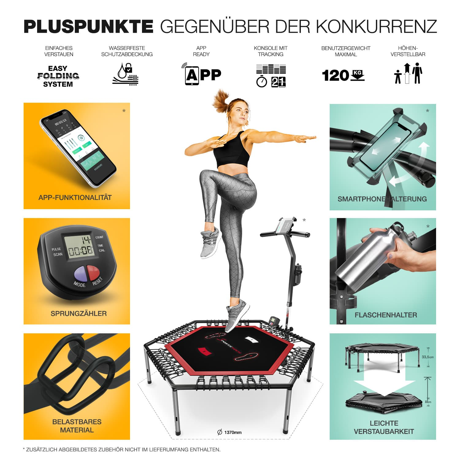 Eine Frau springt auf einem Trampolin. Das Bild zeigt auch Details wie Telefon, Wasserflasche und Fitness-Tracker.