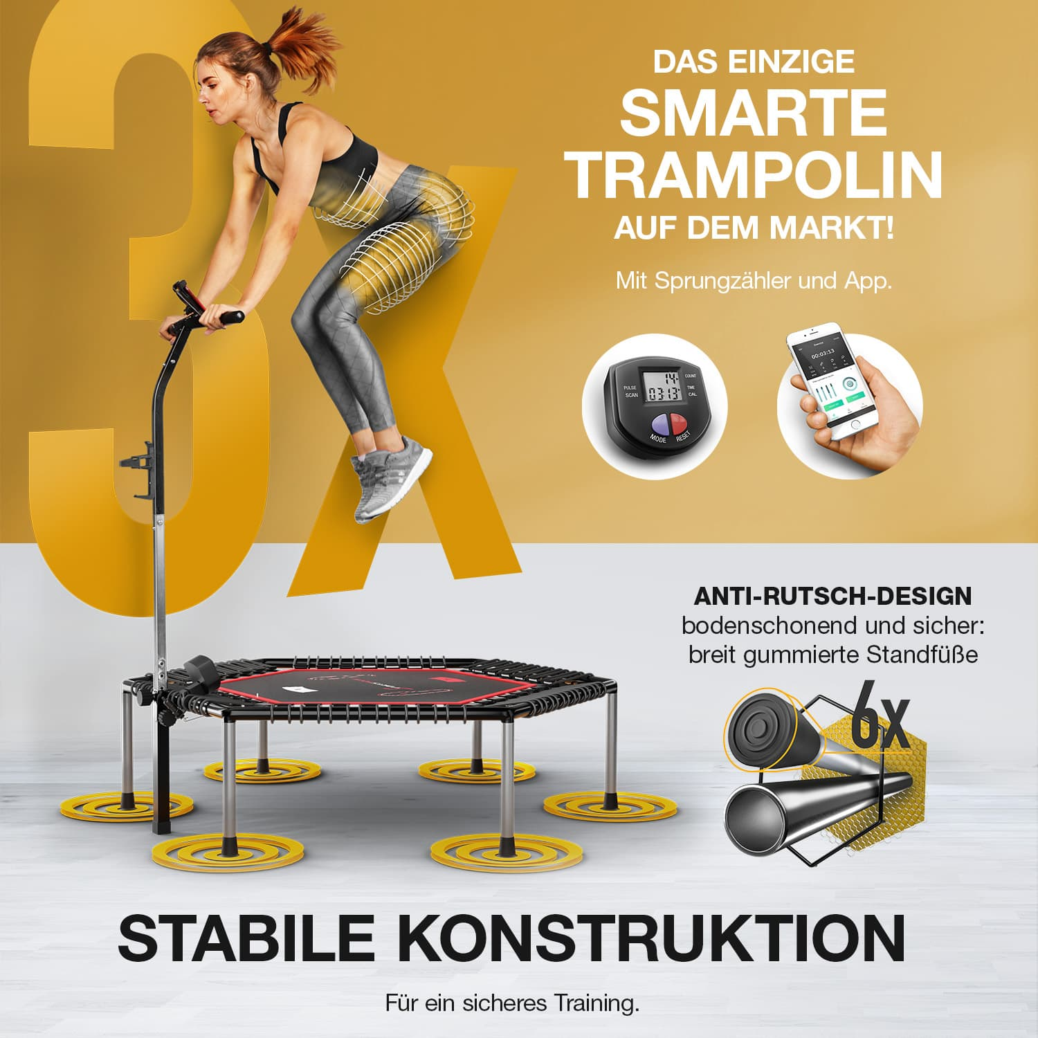 Eine Frau springt auf einem Trampolin mit Griff. Der Text wirbt für ein intelligentes Trampolin. Weitere Elemente sind ein Zähler und ein Telefon.