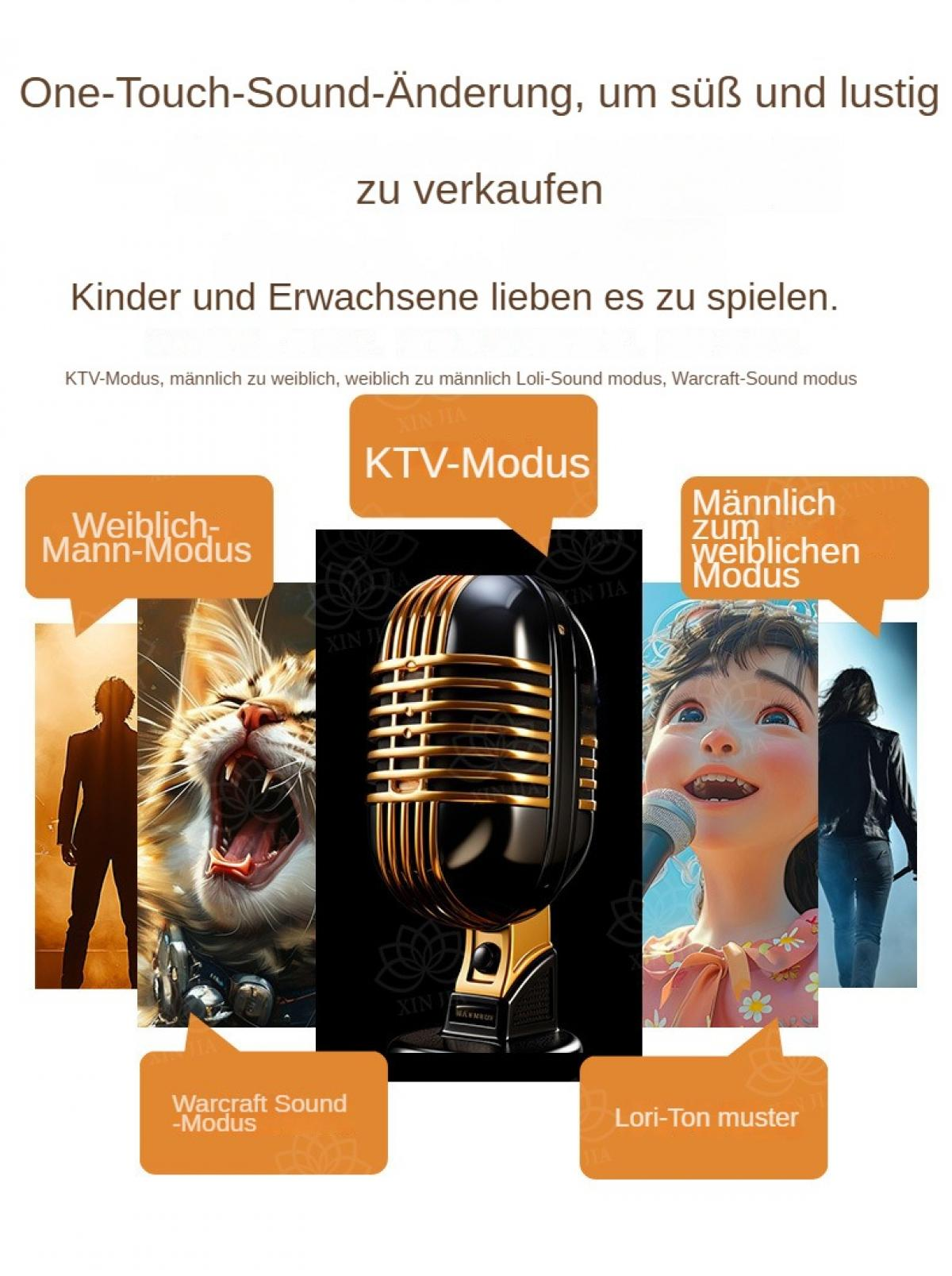 Werbung mit Mikrofon. Es hat verschiedene Tonmodi, mit Bildern eines Mannes, einer Katze, eines Mädchens und einer Frau.