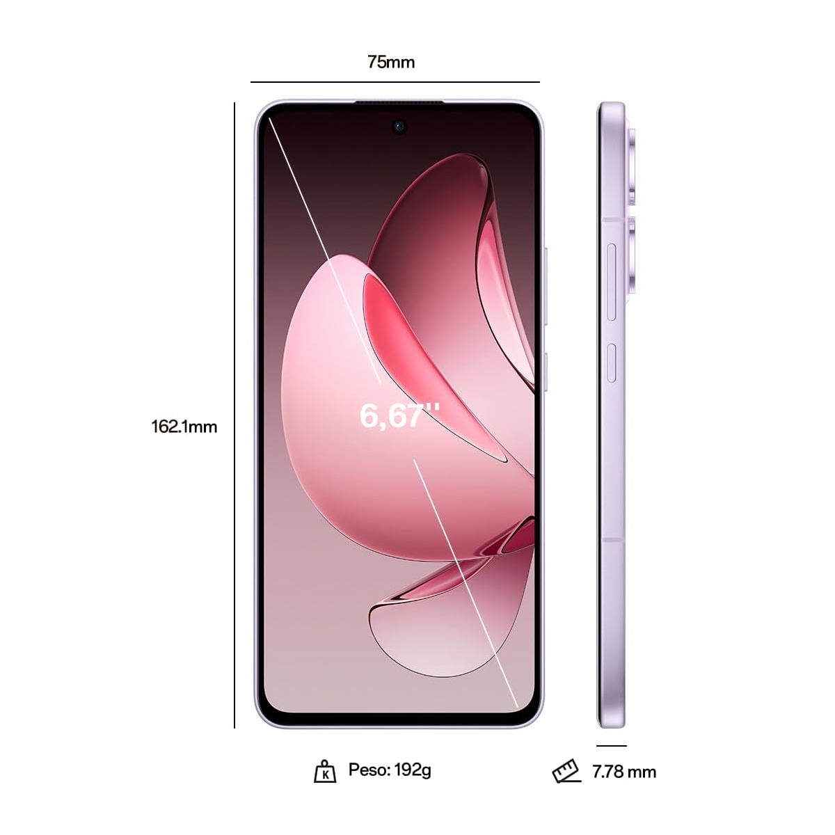 Fioletowy smartfon z wymiarami i szczegółami wagi, w tym rozmiarem ekranu, grubością i tłem z abstrakcyjnym różowym wzorem.