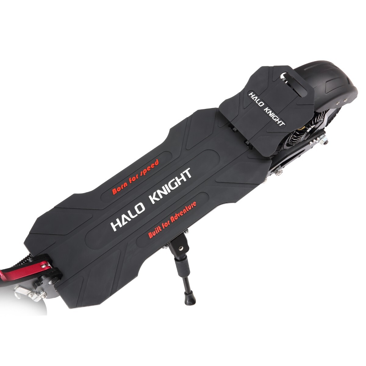 Czarna hulajnoga elektryczna Halo Knight. Posiada logo. Napisy: Urodzony dla prędkości, Zbudowany dla przygody.