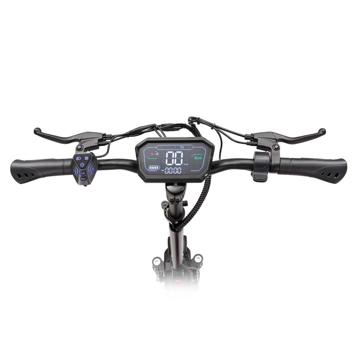 Kierownica skutera elektrycznego. Ma wyświetlacz pokazujący prędkość, żywotność baterii i światła. Po obu stronach znajdują się dźwignie hamulca i uchwyty.