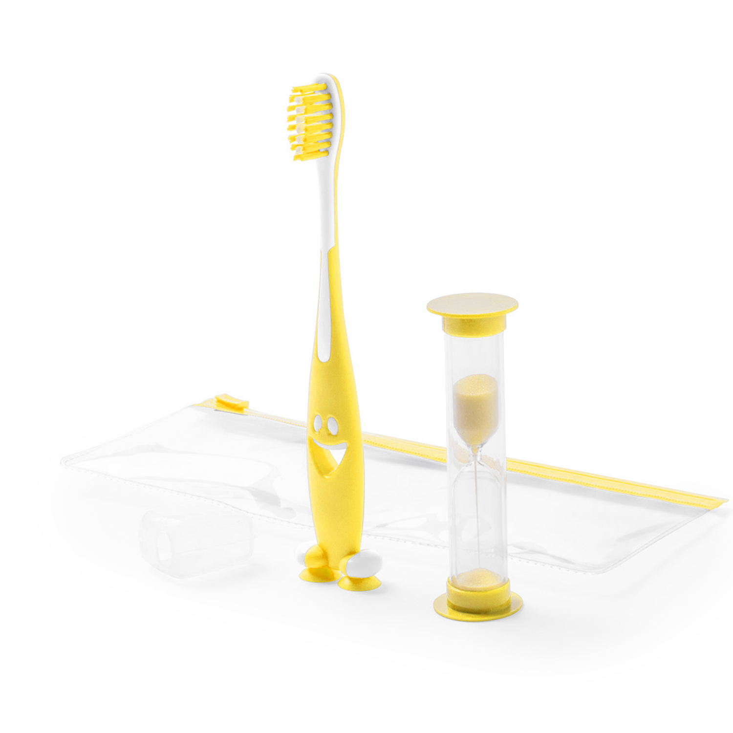 Un cepillo de dientes amarillo con una cara sonriente, un reloj de arena transparente, una bolsa transparente y una tapa de cepillo de dientes. Todo sobre un fondo blanco.