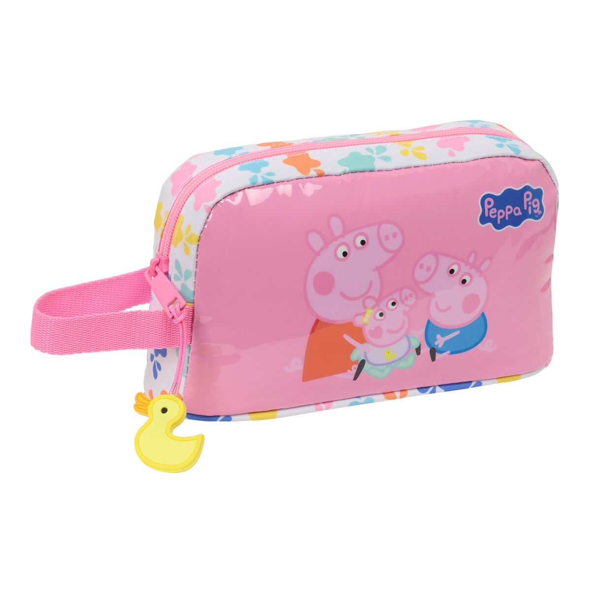 Ein rosa Peppa Wutz Federmäppchen mit Peppa und ihrer Familie. Es hat einen pinkfarbenen Henkel und einen gelben Enten-Reißverschluss.