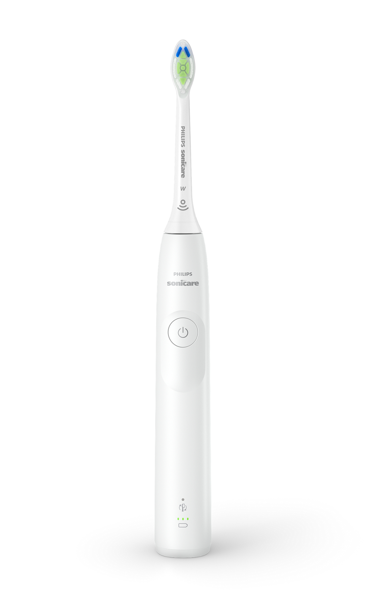 Eine weiße elektrische Zahnbürste von Philips Sonicare. Sie hat einen Bürstenkopf mit blauen und grünen Borsten und einen Ein- / Ausschalter.