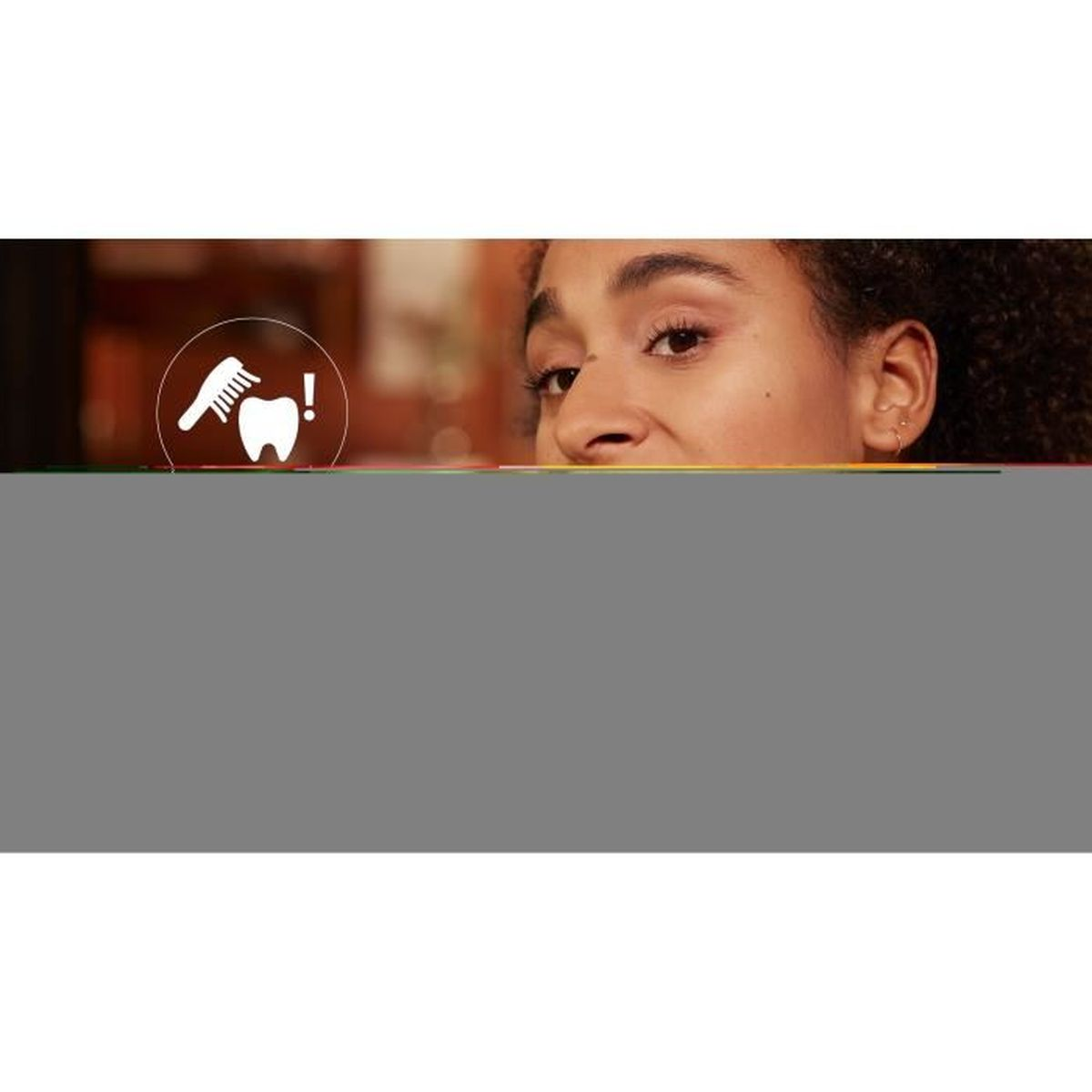 Częściowo widoczna twarz kobiety. Grafika przedstawia ząb, grzebień i wykrzyknik. Sugeruje pielęgnację zębów lub problem.
