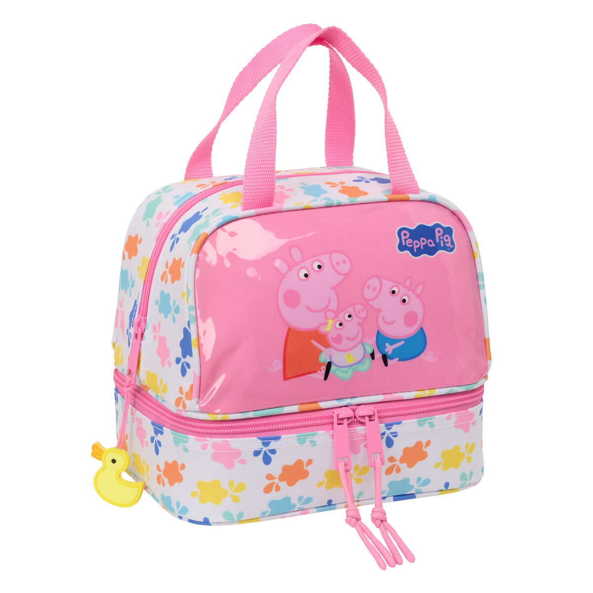Eine Peppa Pig-Lunch-Tasche, rosa mit der Familie darauf. Sie hat einen gelben Enten-Reißverschluss und bunte Spritzer.