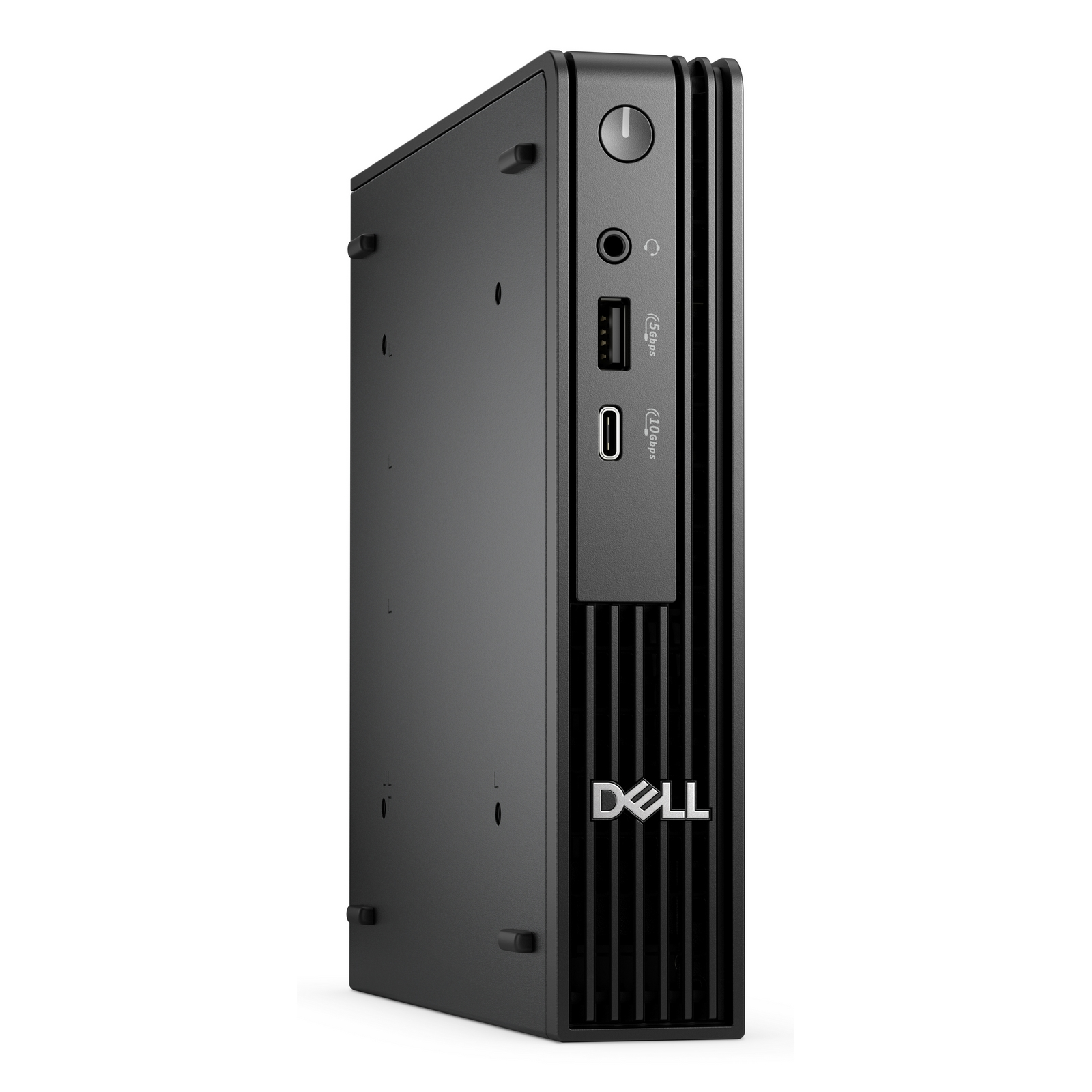 Zwarte Dell micro desktop computer. Voorzien van aan/uit-knop, poorten en Dell logo. Staat rechtop op een wit oppervlak.