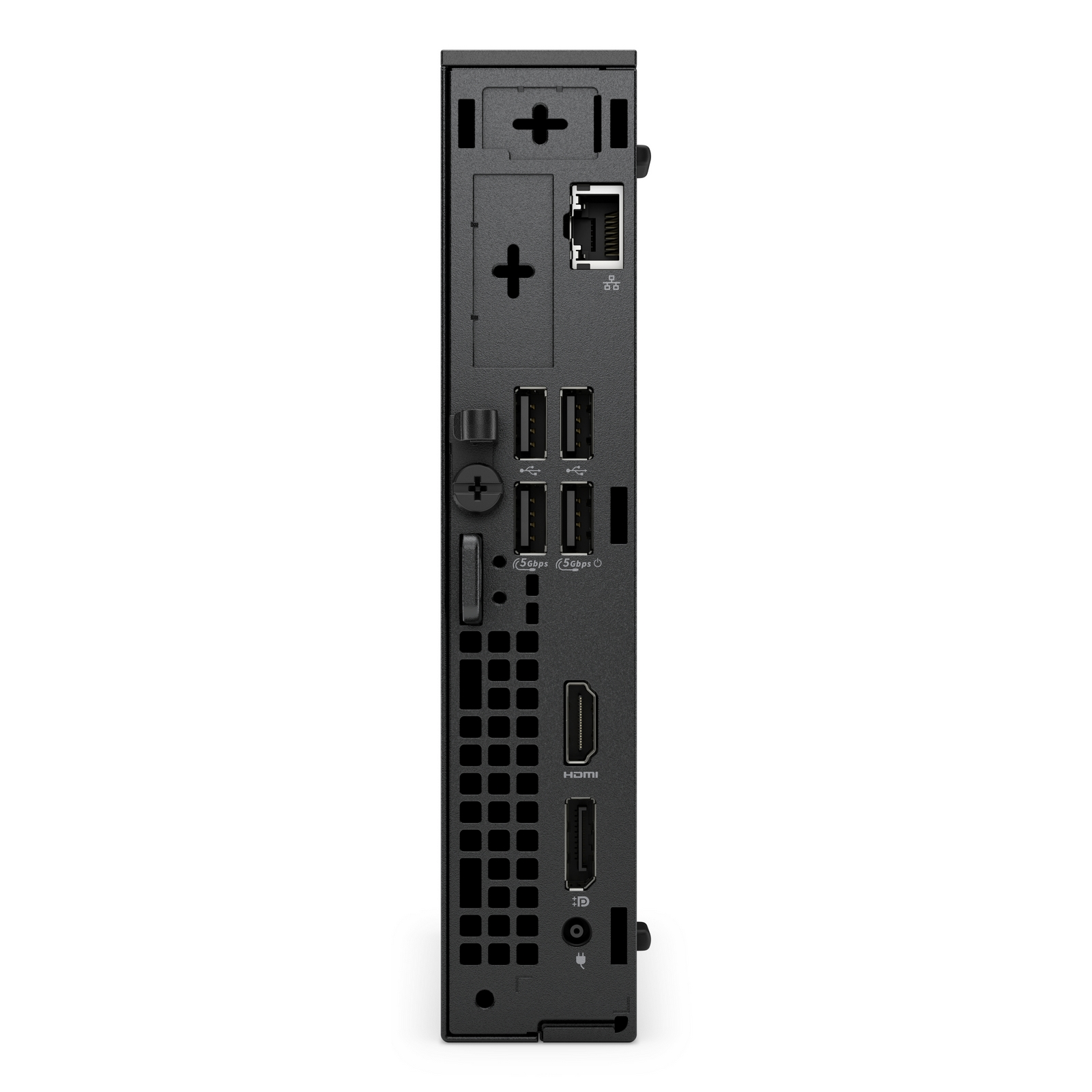 Zwart computer achterpaneel met poorten zoals HDMI, USB en Ethernet, op witte achtergrond.