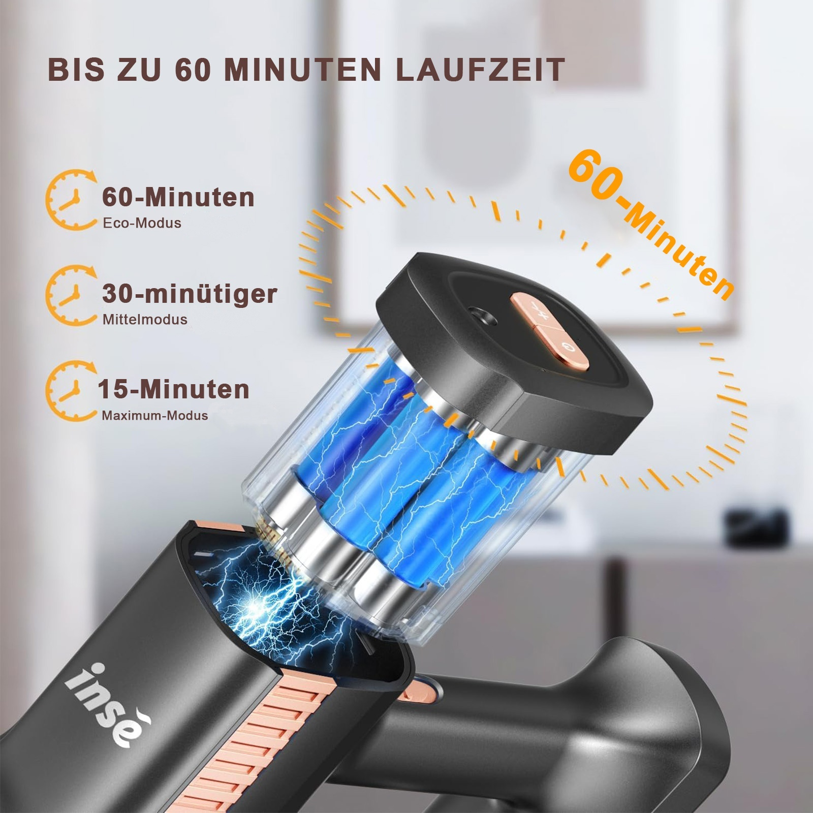 Explosionsansicht eines schwarzen kabellosen Staubsaugers mit blauen Batterien, Laufzeitoptionen.