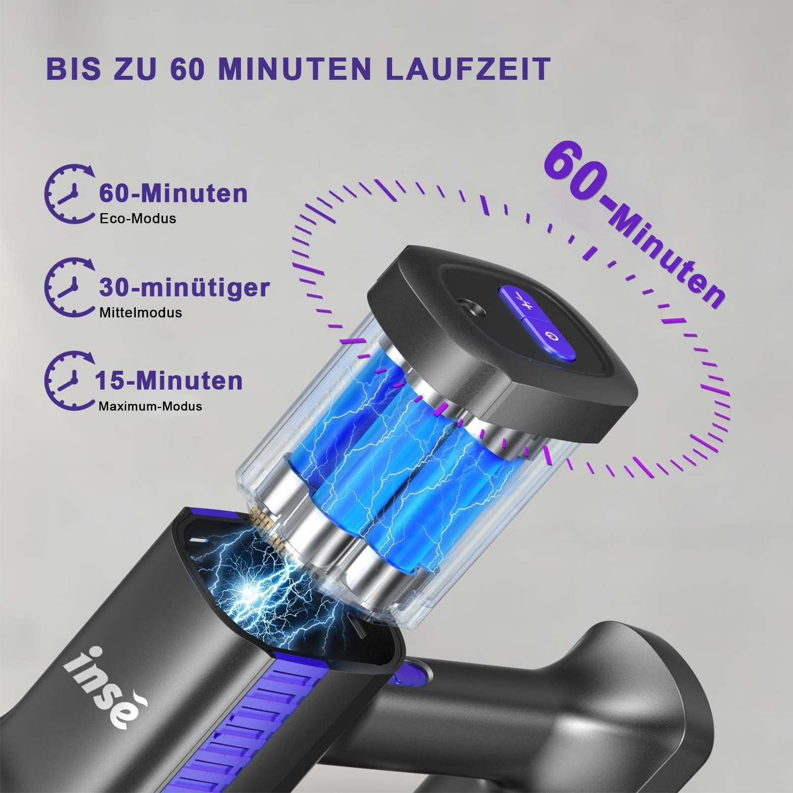 Ein elektrisches Massagegerät mit Batterieanzeige, das eine Laufzeit von 60 Minuten anzeigt. Informationen umfassen Eco-, Medium- und Maximum-Modi.