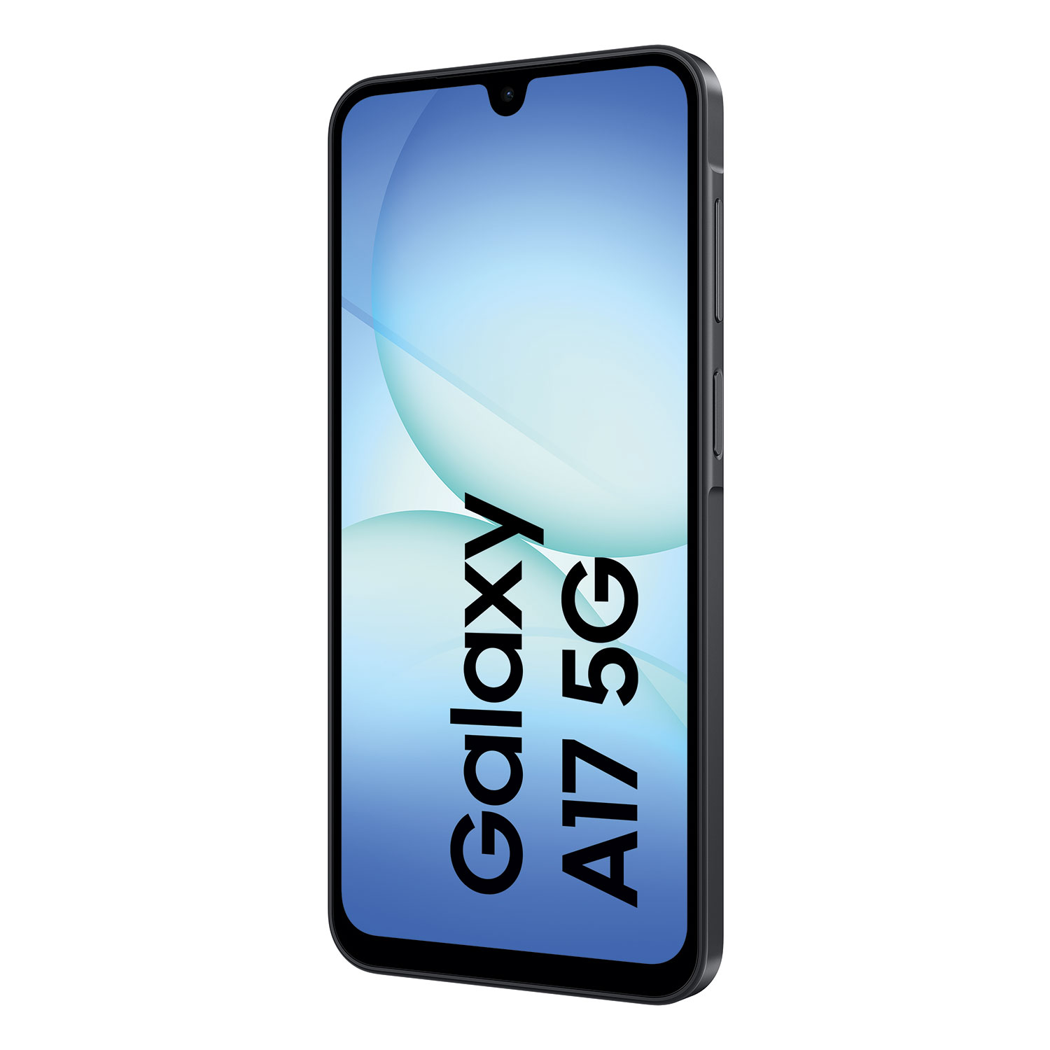 Czarny smartfon Samsung Galaxy A17 5G. Ekran wyświetla niebiesko-biały gradient z nazwą telefonu.