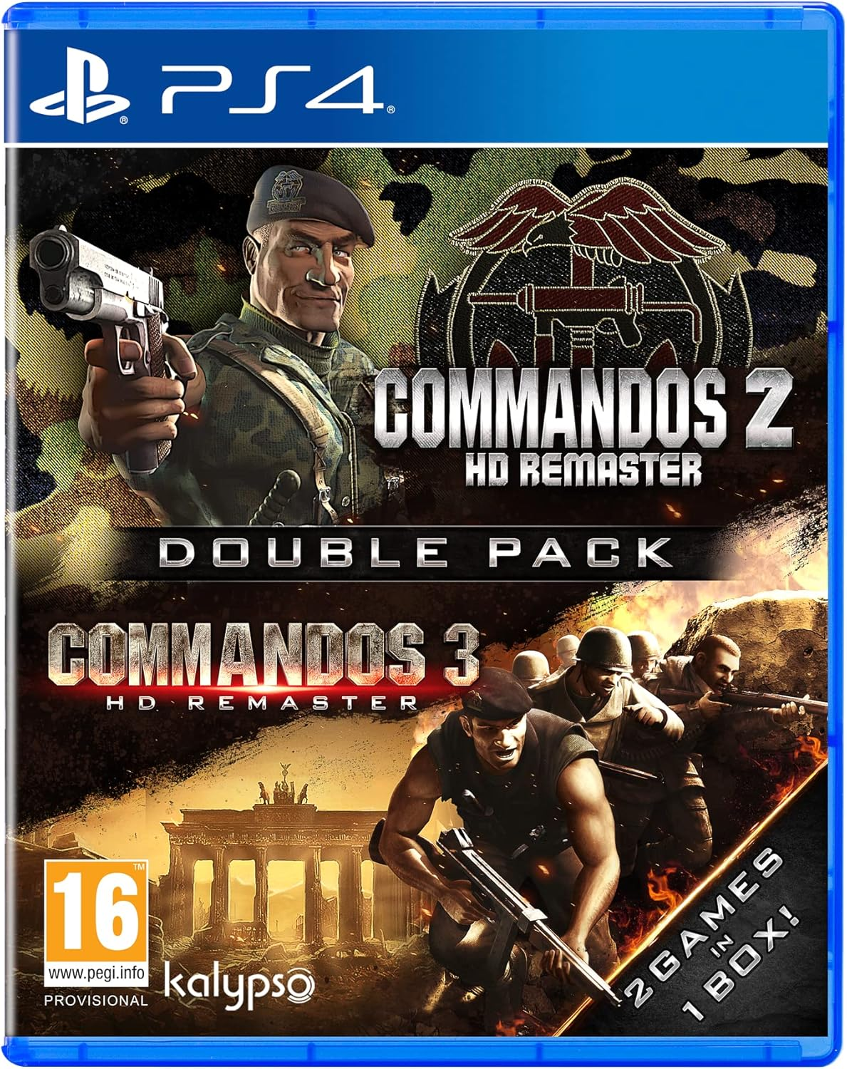 Pudełko gry PS4. Zawiera 'Commandos 2' i 'Commandos 3' HD Remaster. Żołnierze z bronią. Zawiera logo i klasyfikację wiekową.