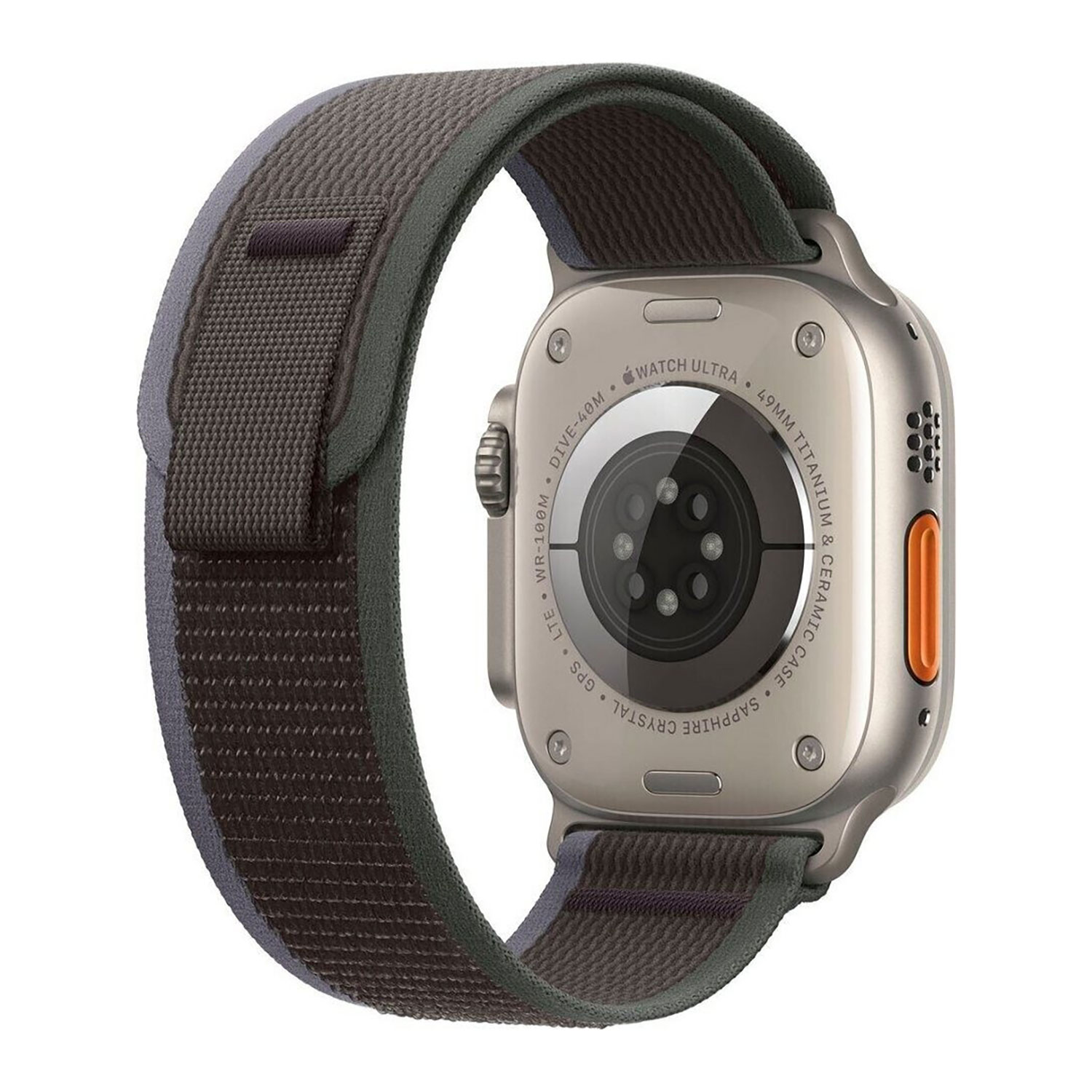 Eine silberne Apple Watch Ultra mit einem grauen und grünen Stoffarmband. Das Zifferblatt ist schwarz, die Seitentaste orange.
