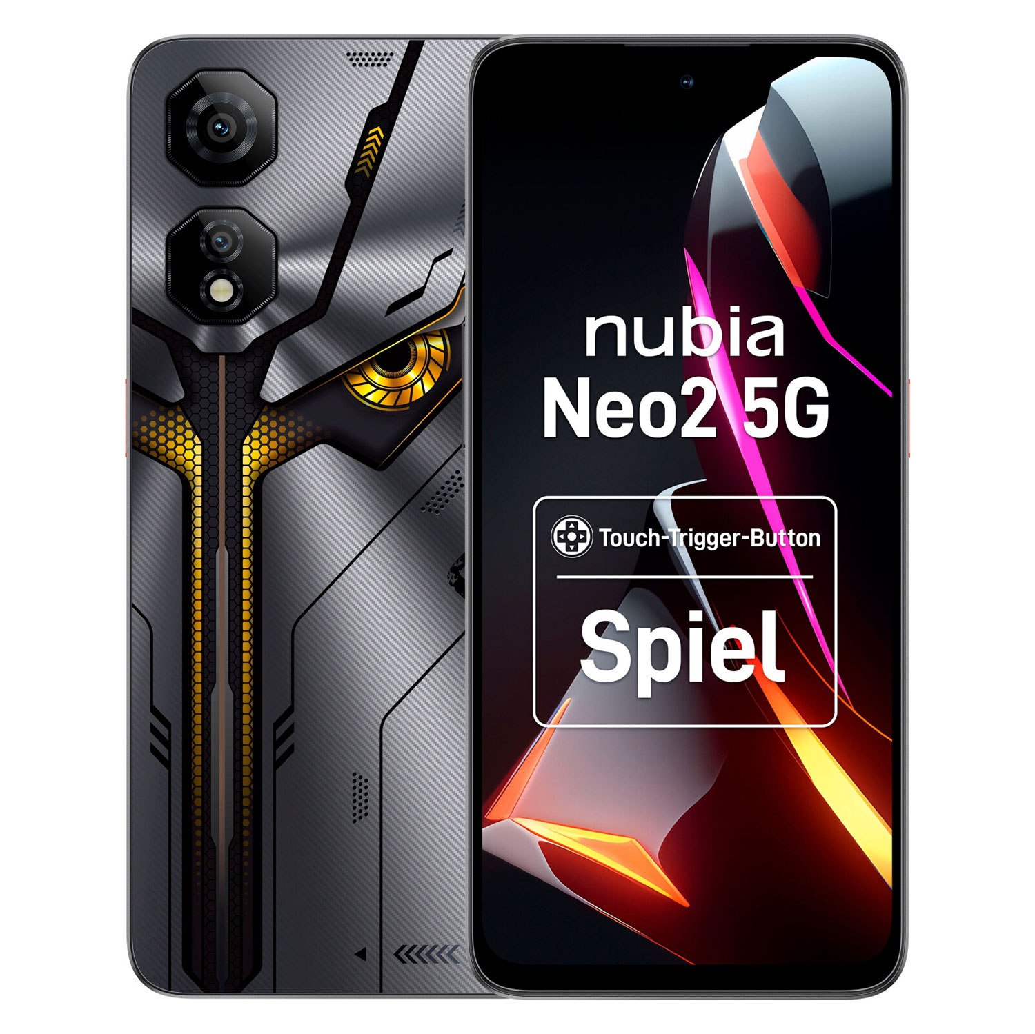 Ein Nubia Neo2 5G Smartphone. Die Rückseite hat ein futuristisches Design. Der Bildschirm zeigt den Namen des Telefons und das Wort 'Spiel'.