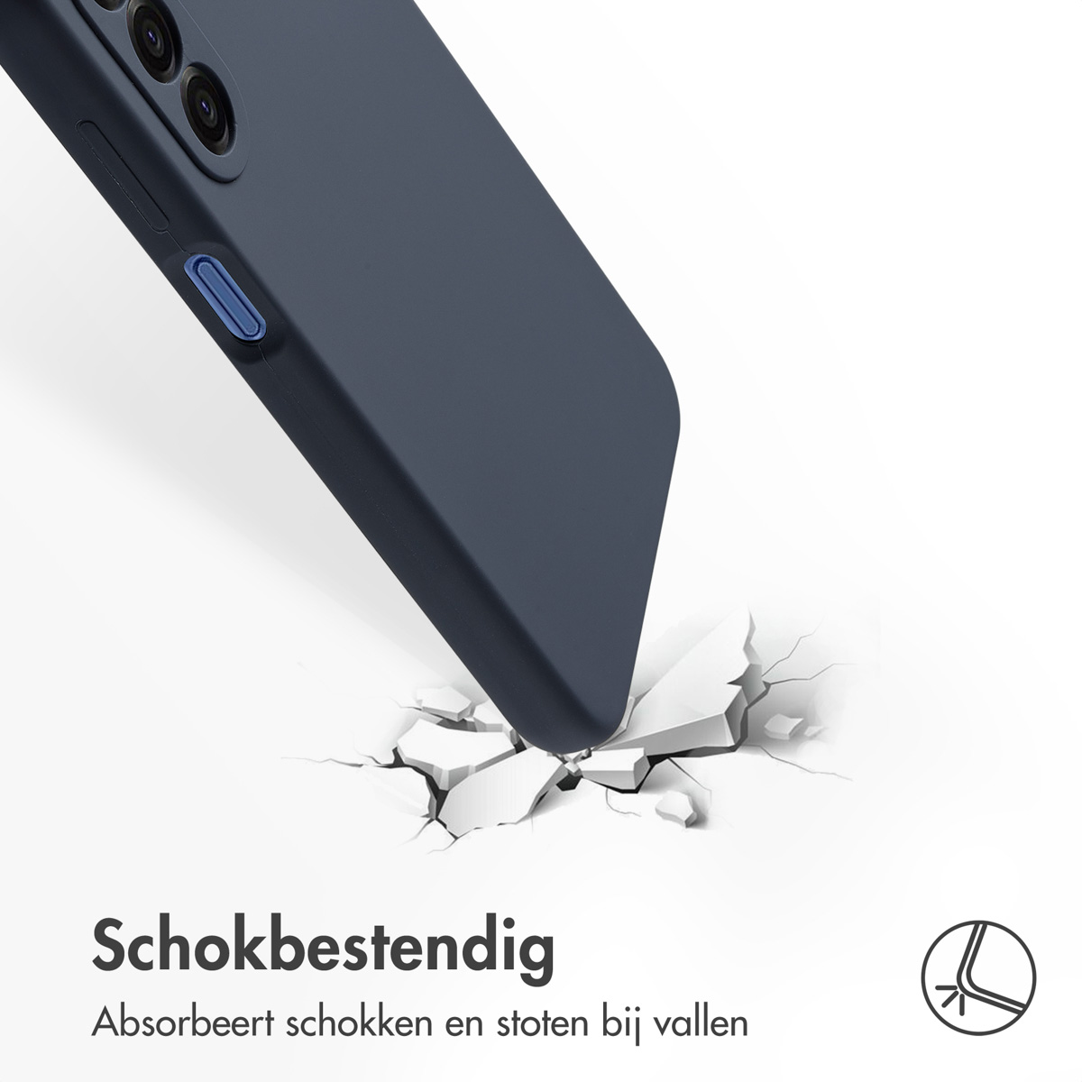Een donkerblauwe telefoonhoes die op een oppervlak slaat en het breekt. Tekst: 'Schokbestendig' en 'Absorbeert schokken en vallen'.
