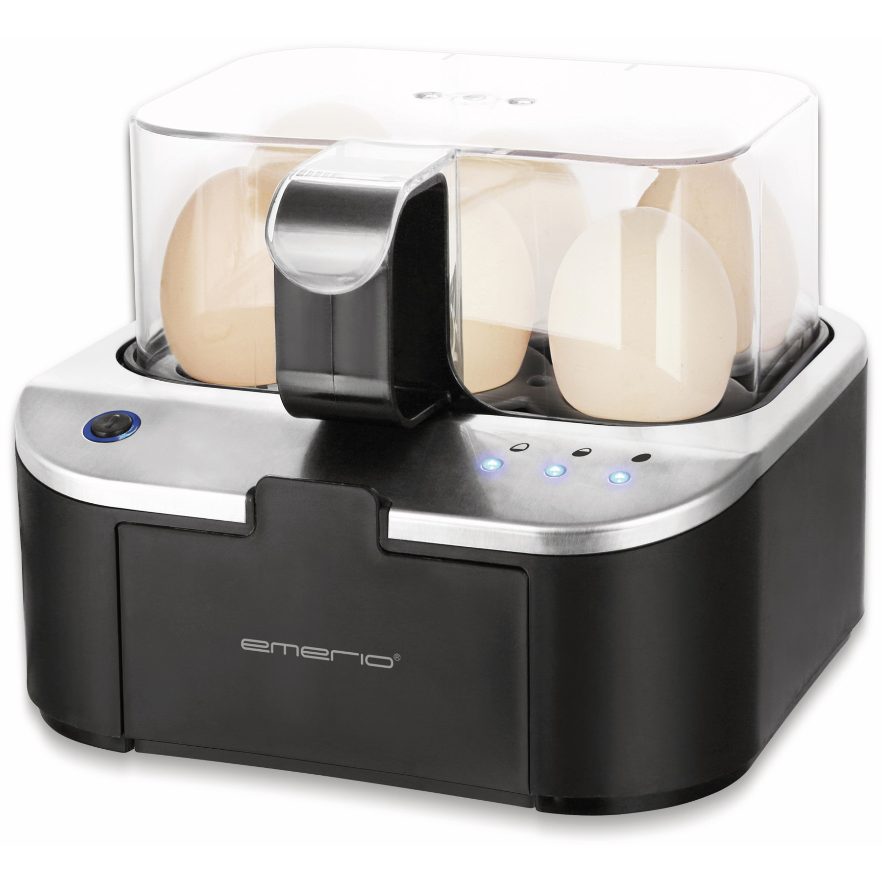 Una cocina de huevos con seis huevos dentro. Tiene una tapa transparente y una base negra y plateada.