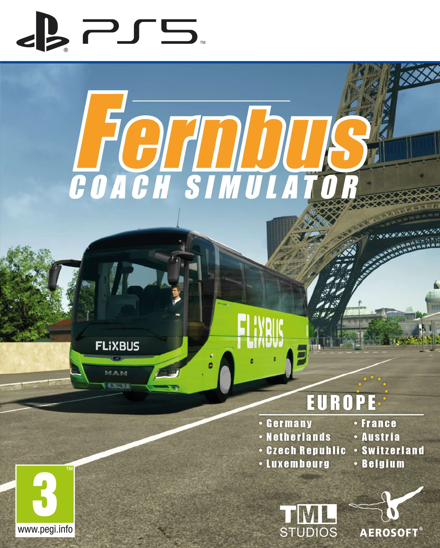 Okładka gry Fernbus Coach Simulator. Zielony Flixbus przed Wieżą Eiffla. Logo PS5 znajduje się u góry.