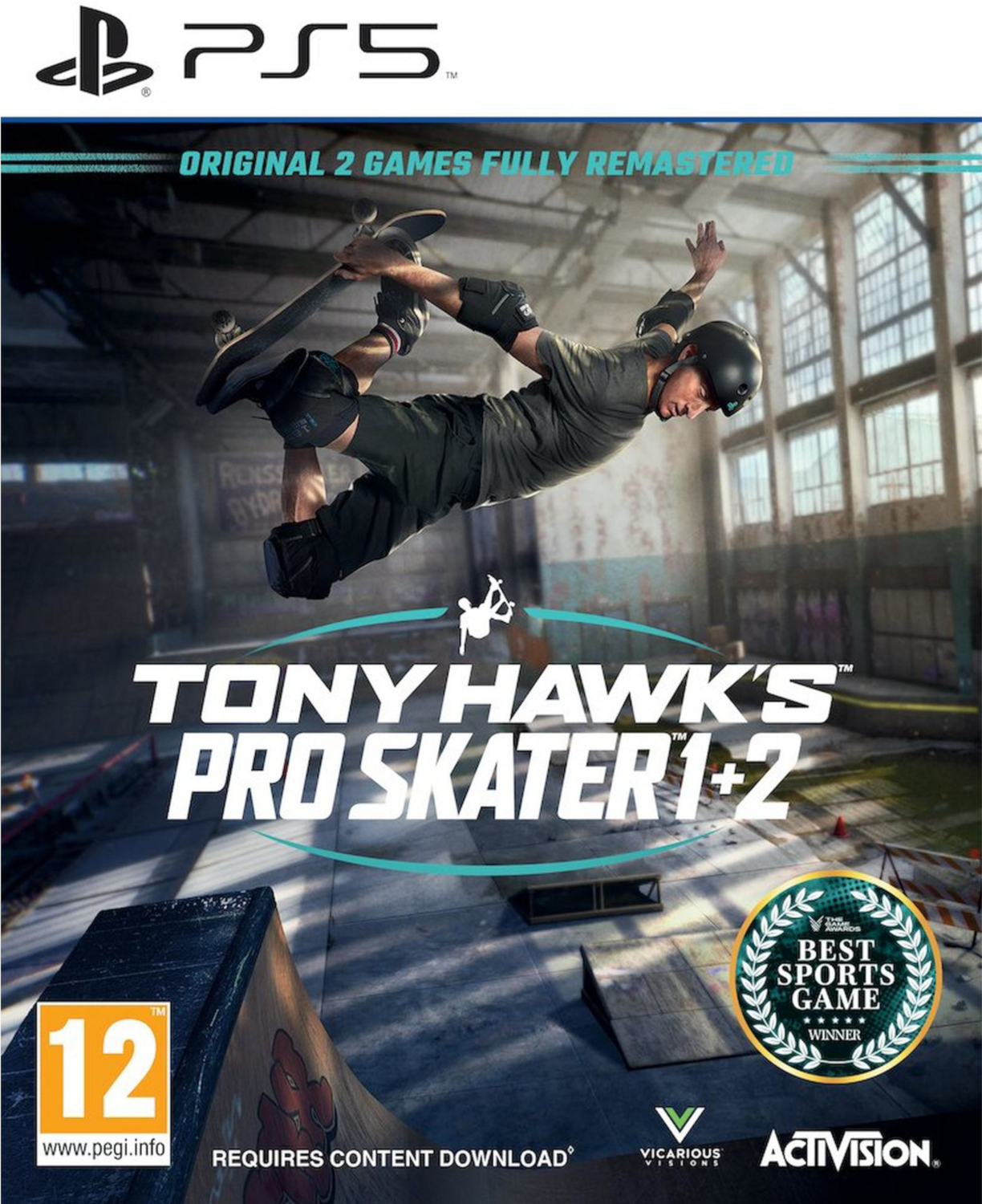 Osoba na deskorolce wykonuje trik. Wyświetlony jest tytuł gry 'Tony Hawk's Pro Skater 1+2'. Logo PS5 na górze.