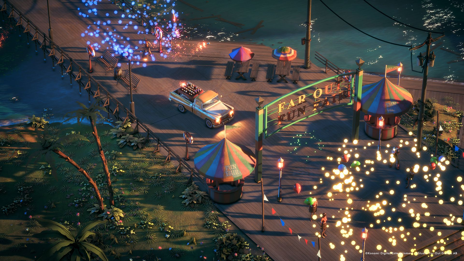 Scena na molo z wesołym miasteczkiem. Widoczna ciężarówka z jajkami, kolorowe parasole i znak 'Far Out Fun Fair'.