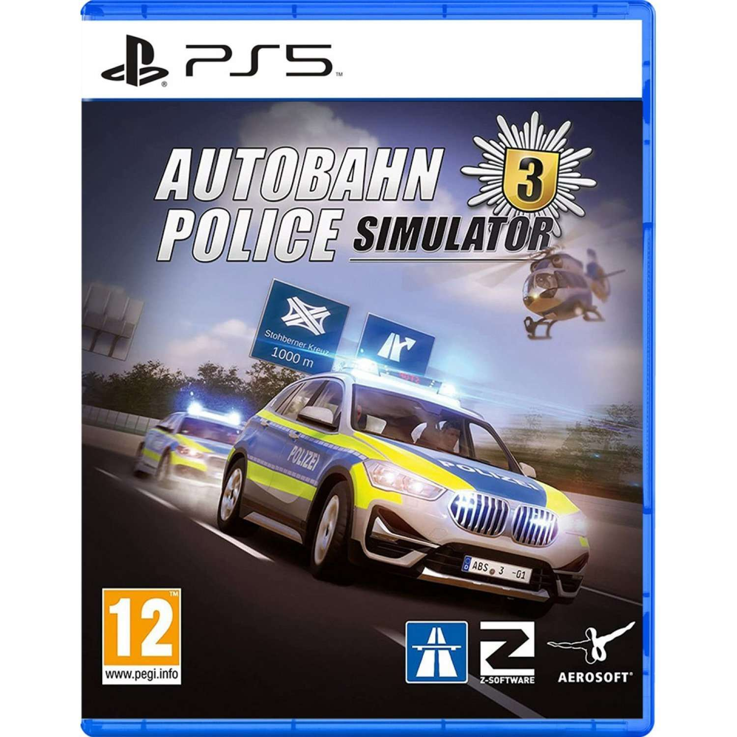 Okładka gry: Autobahn Police Simulator 3. Samochód policyjny na drodze, helikopter na niebie. Ocena gry to 12.