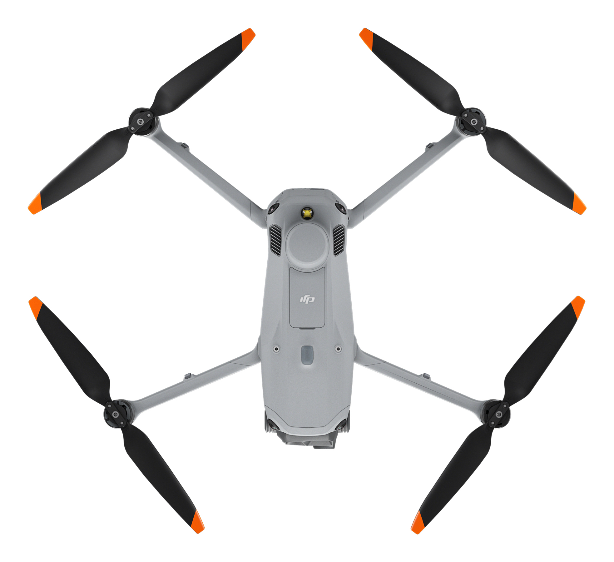 Un drone grigio con eliche nere e punte arancioni è centrato su sfondo bianco.
