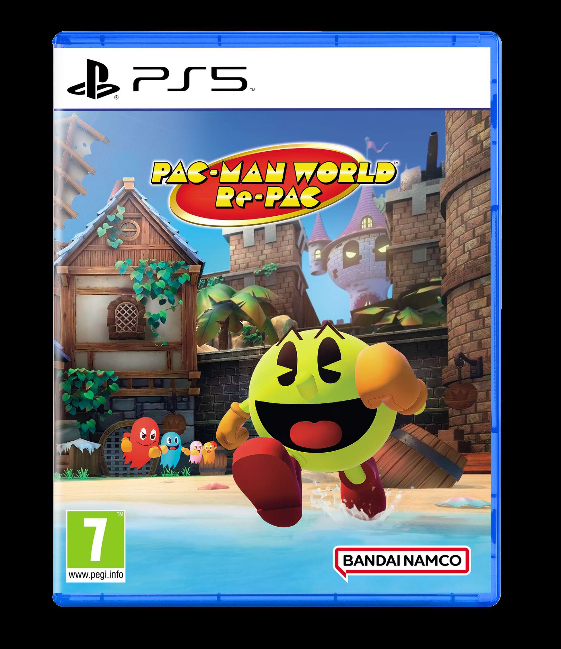 Copertina del gioco Pac-Man World Re-Pac. Pac-Man corre con le scarpe rosse. Edifici sullo sfondo. Custodia blu con logo PS5.