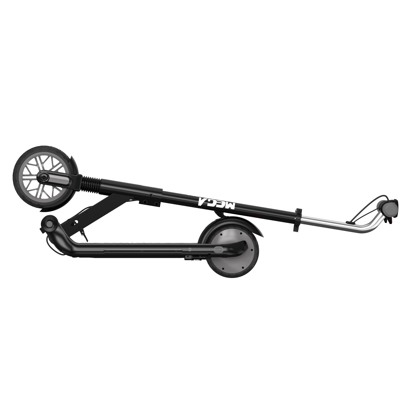 Czarna hulajnoga elektryczna na białym tle. Ma dwa koła i logo MEGA.