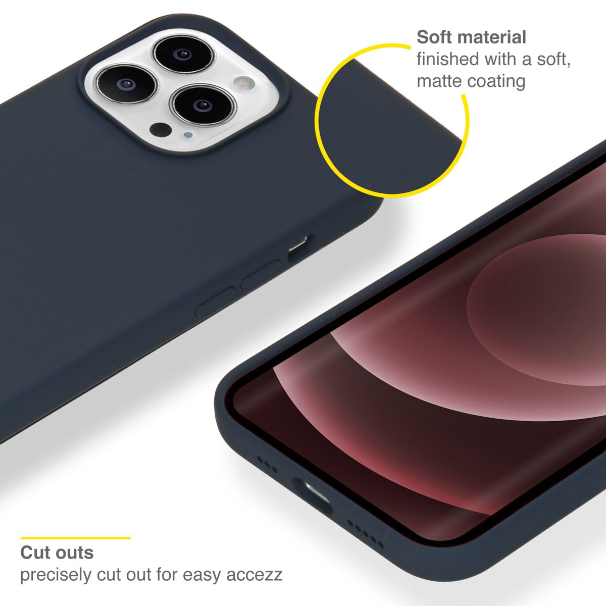 Twee donkerblauwe telefoonhoesjes. Eén schuin, met uitsparingen voor de camera. Tekst benadrukt zacht materiaal en precieze uitsparingen.