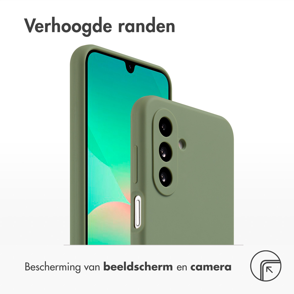 Twee olijfgroene telefoonhoesjes. Eén toont het scherm, de andere de achterkant met cameralenzen. Tekst: 'Verhoogde randen' en 'Bescherming van beeldscherm en camera'.