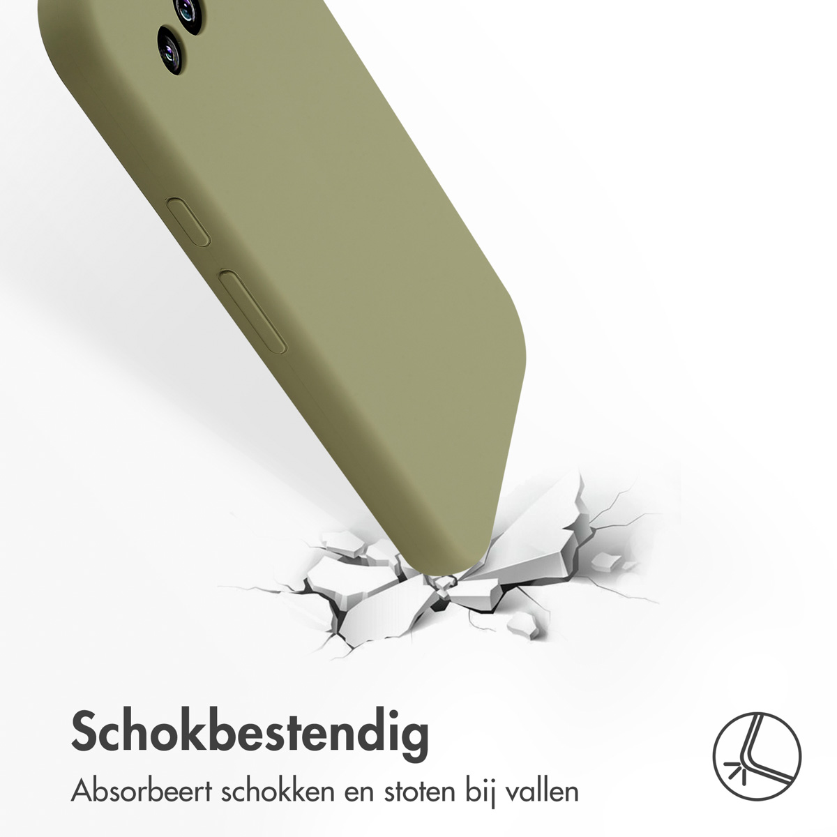 Groene telefoonhoes breekt wit oppervlak. Tekst: Schokbestendig, absorbeert schokken en stoten bij vallen.