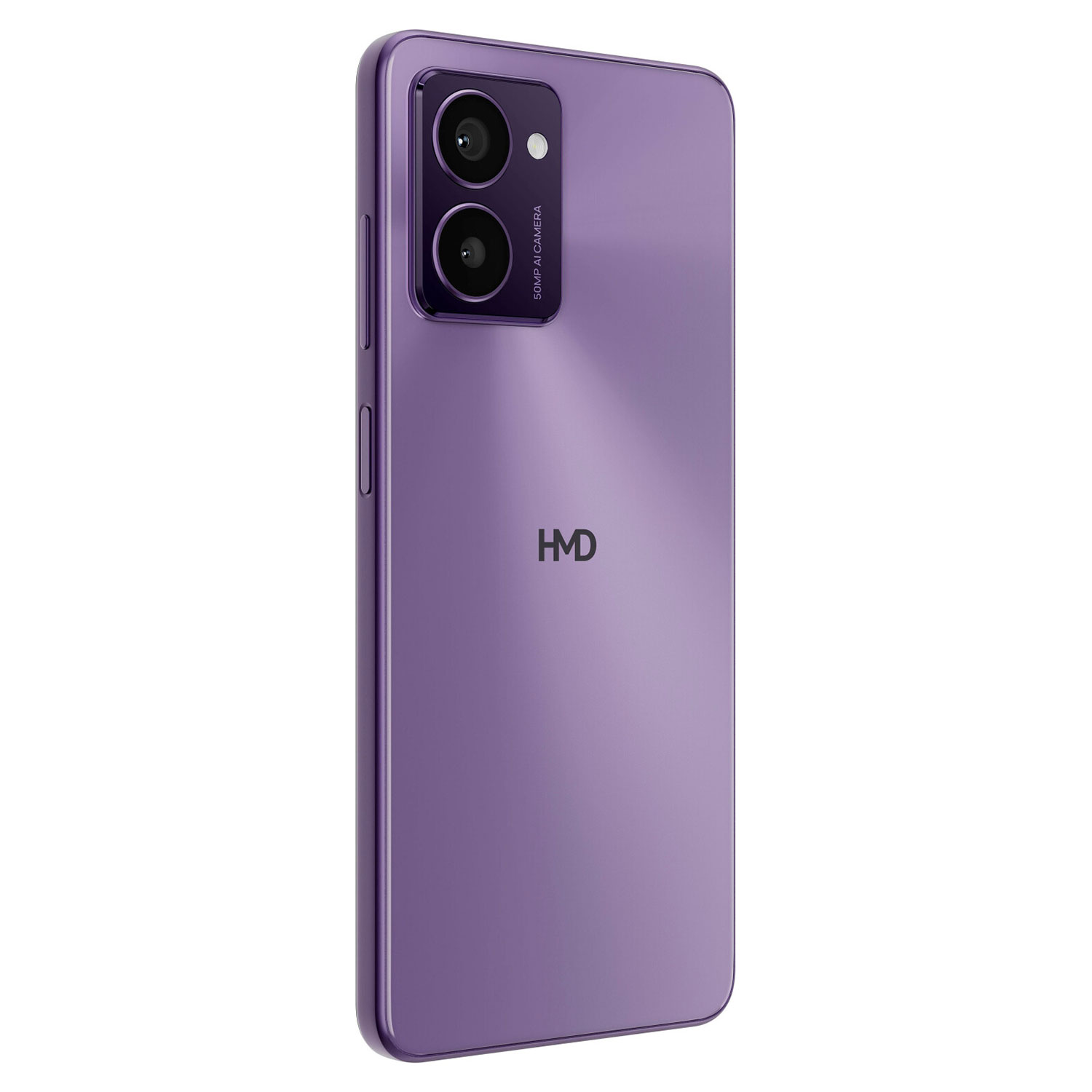 Un teléfono inteligente morado con cámaras dobles está inclinado hacia la derecha. La parte trasera tiene el logotipo de HMD.