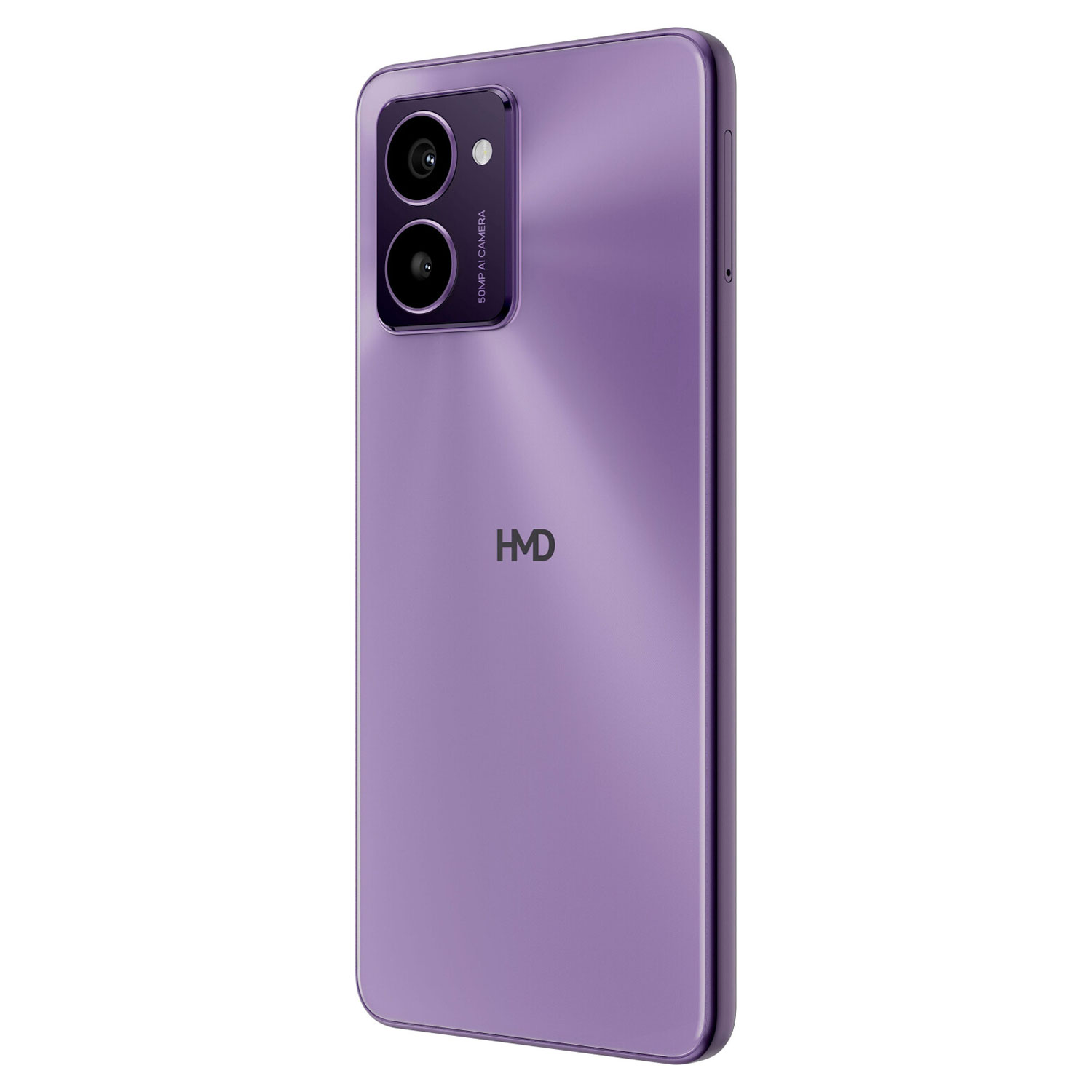 Se muestra un smartphone morado en ángulo. Tiene una configuración de doble cámara y la marca 'HMD' es visible en la parte trasera.
