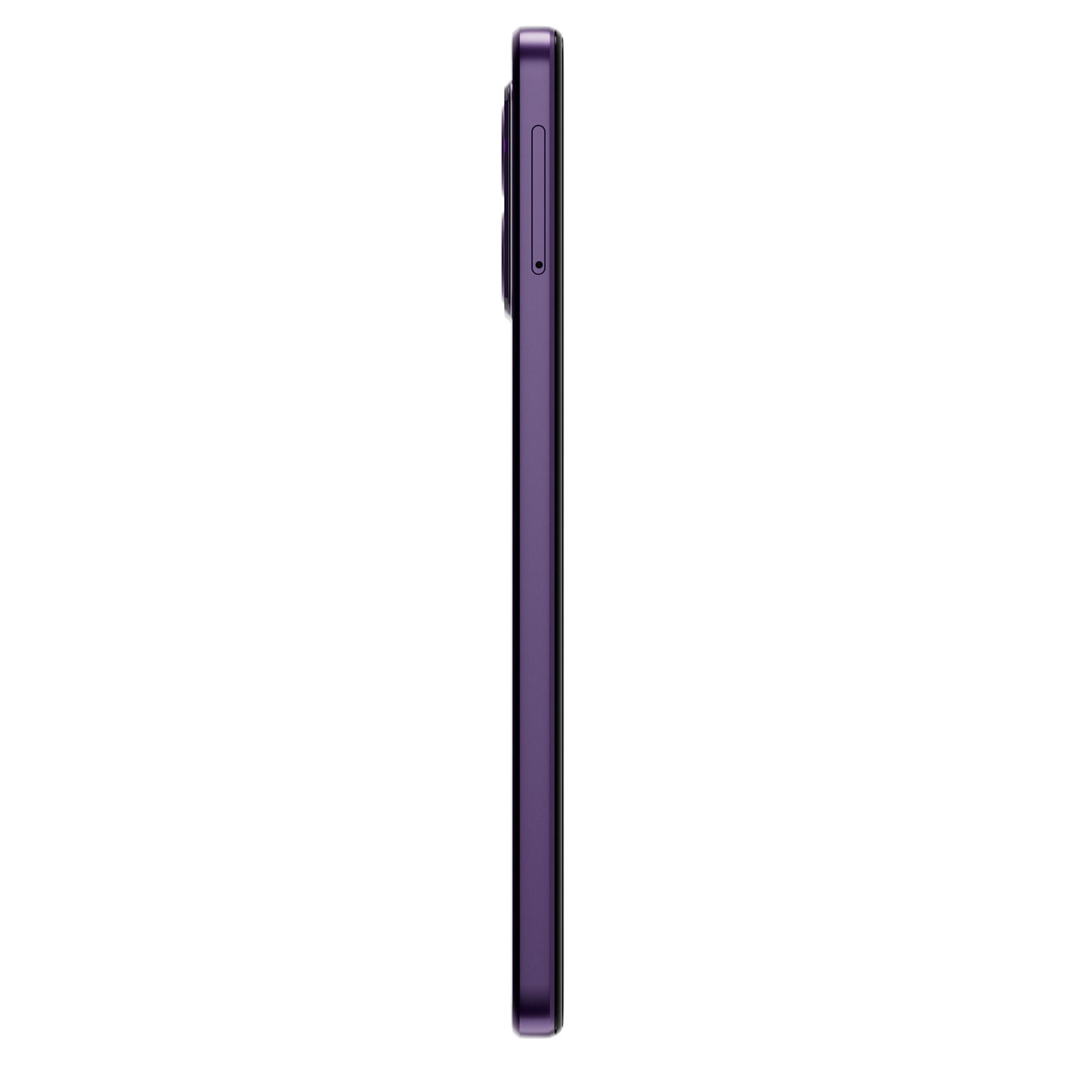 Vista lateral de un smartphone morado. El teléfono está en vertical, mostrando el lado con botones y lentes de cámara. Fondo blanco.