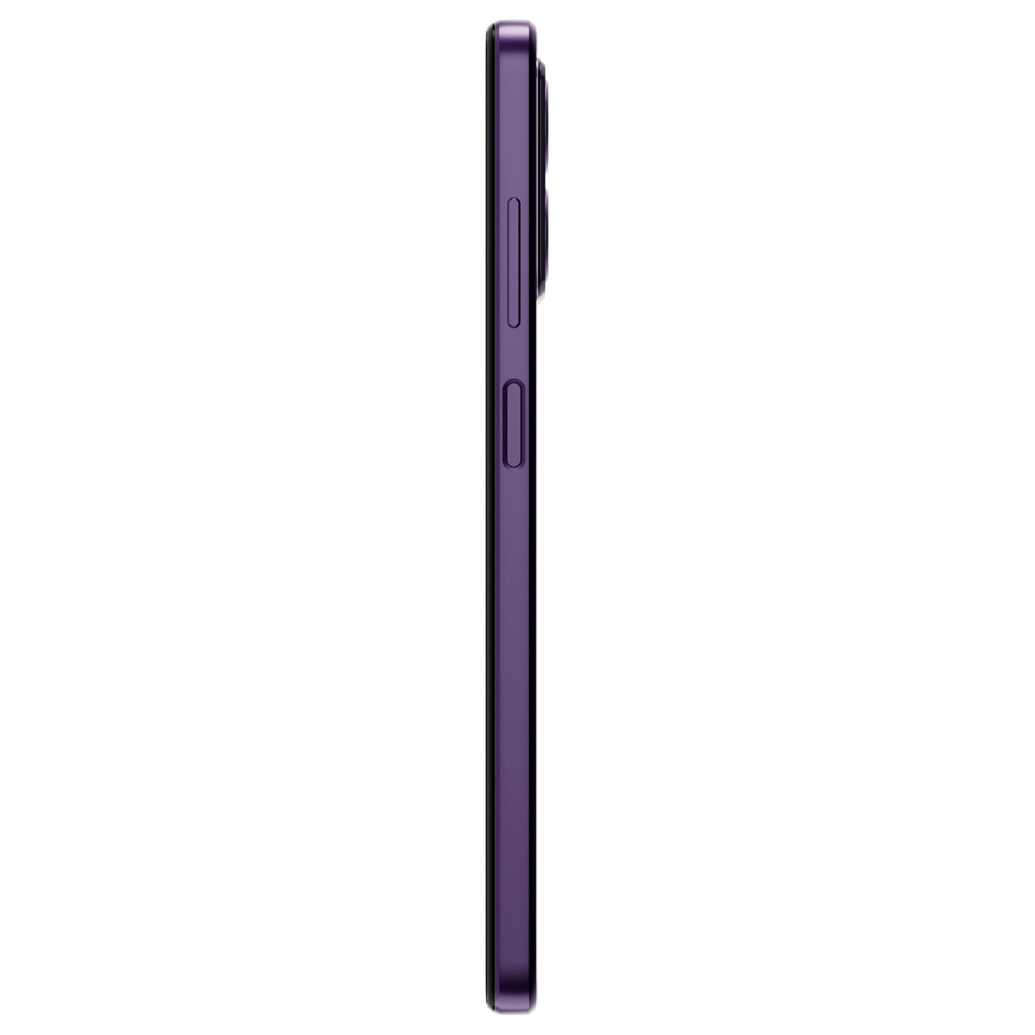 Vista lateral de un smartphone morado. Se ven los botones de volumen y encendido. El fondo es blanco.