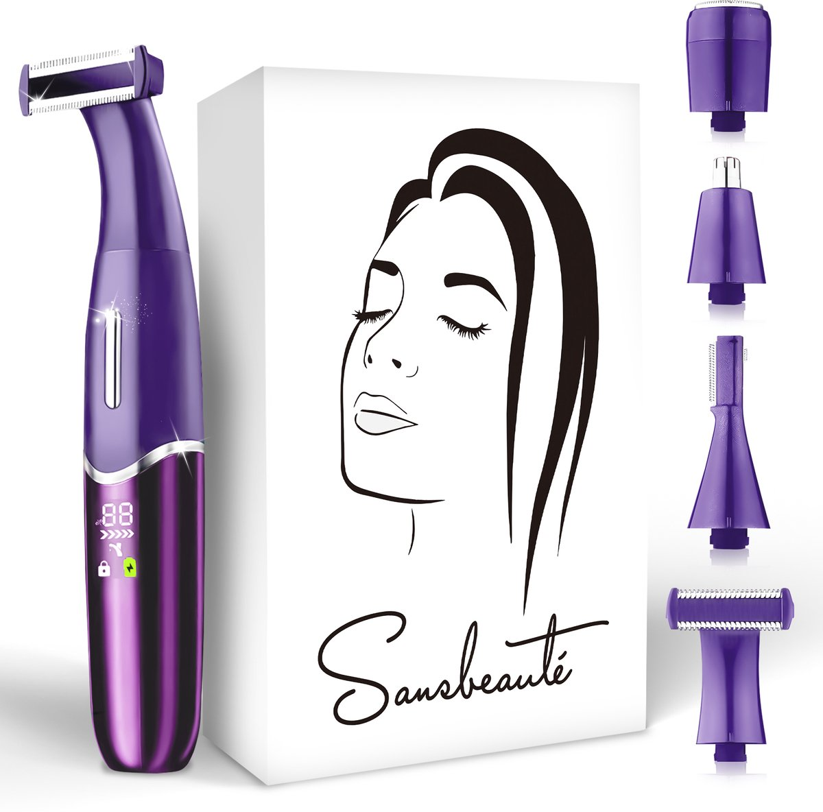 Un rasoio elettrico viola e accessori sono esposti accanto a una scatola con il volto di una donna. Il marchio è 'Sansbeauté'.