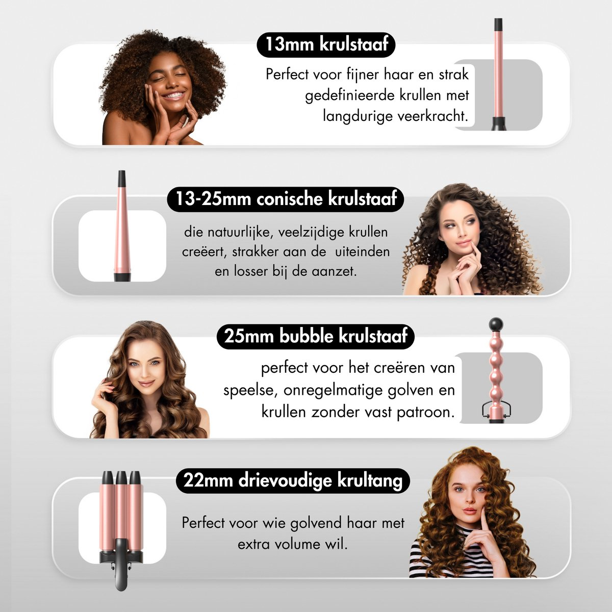 Afbeelding toont haarstylingtools met beschrijvingen. Tools omvatten krultangen en een drievoudige barrel crimper. Modellen met gestyled haar worden getoond.