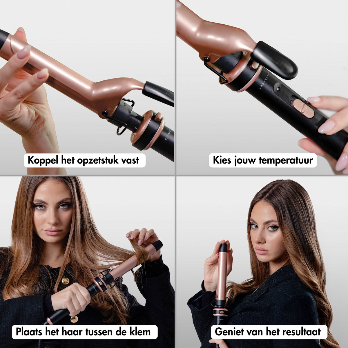 Een vrouw gebruikt een krultang. Stappen zijn het bevestigen van de kop, het instellen van de temperatuur, het krullen van het haar en genieten van het resultaat.