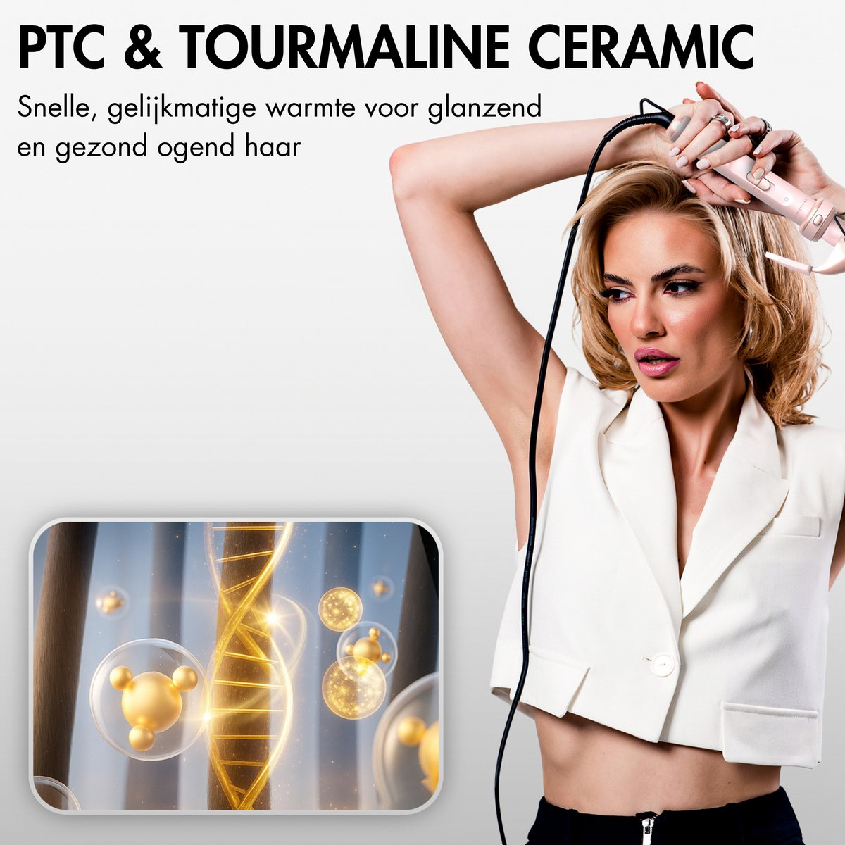 Een vrouw houdt een krultang vast. Tekst zegt PTC & TOURMALINE CERAMIC. Linksonder zie je haarstrengen en moleculen.