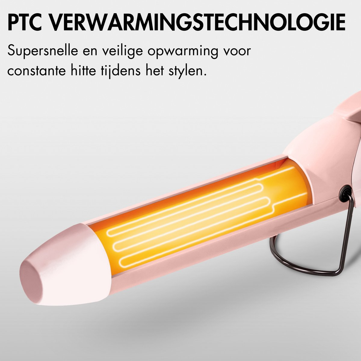 Een roze krultang toont het verwarmingselement. De tekst bovenaan luidt "PTC VERWARMINGSTECHNOLOGIE".