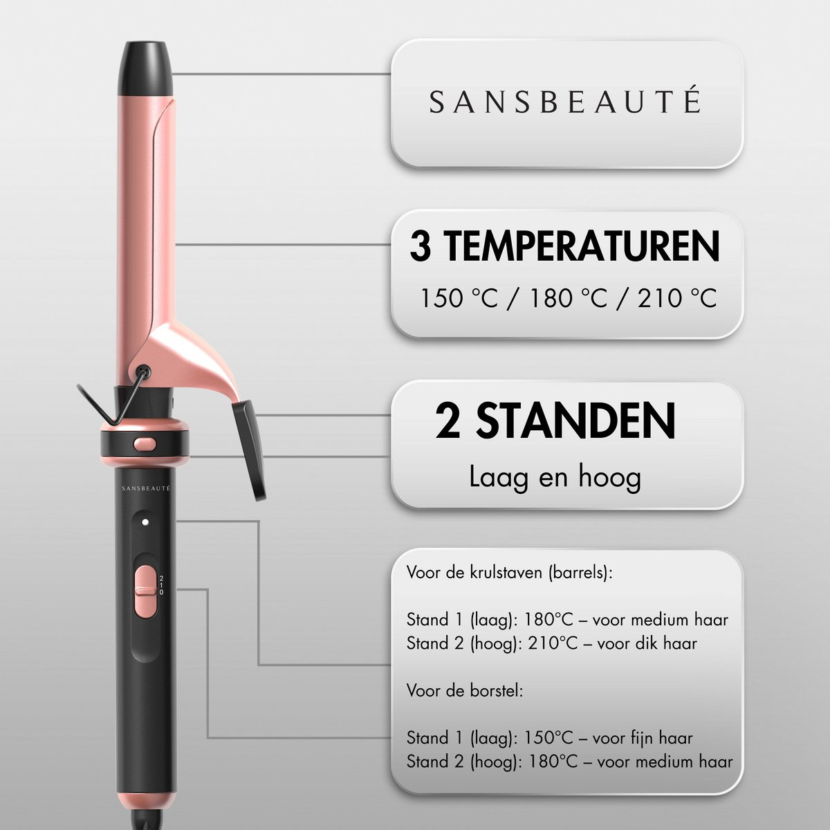 Een krultang met roségouden loop en zwarte handgreep. De tekst geeft 3 temperaturen en 2 instellingen aan. Instructies zijn voorzien.