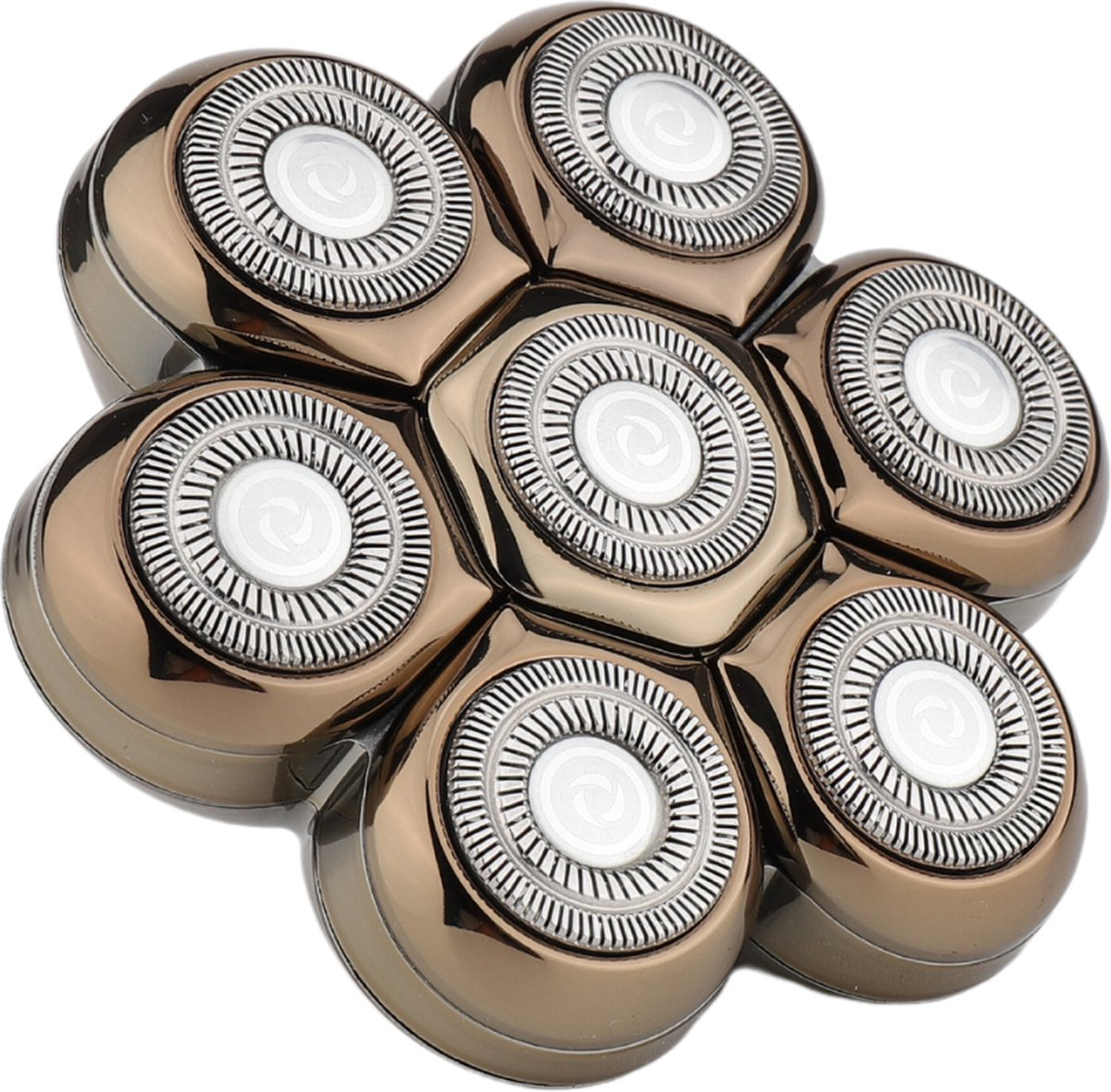 Gros plan d'une tête de rasoir avec sept lames circulaires. Lames argentées avec centre blanc, dans un cadre bronze.