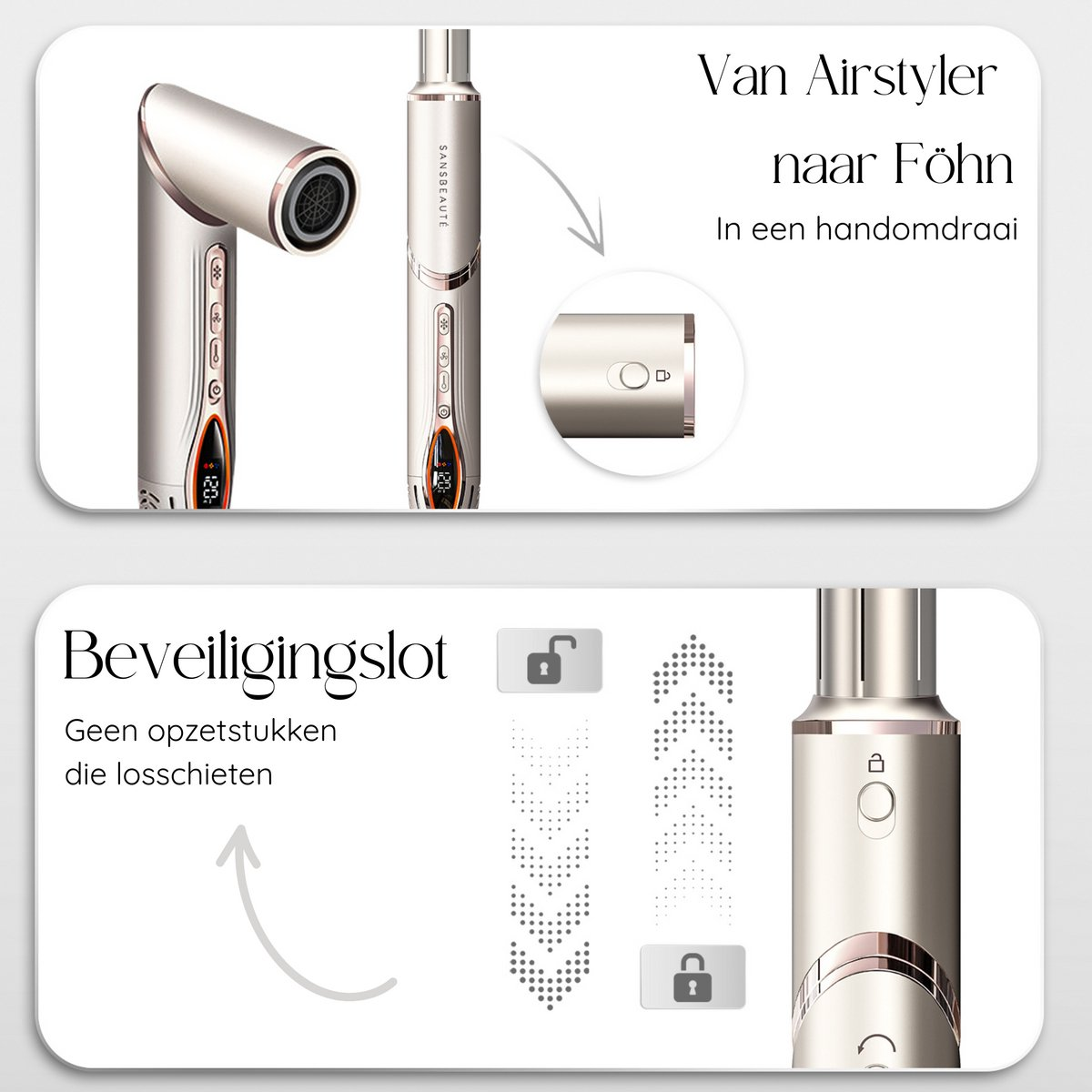 Een advertentie toont een haarstylingtool met instructies. De tekst omvat 'Van Airstyler naar Föhn' en 'Beveiligingslot'.