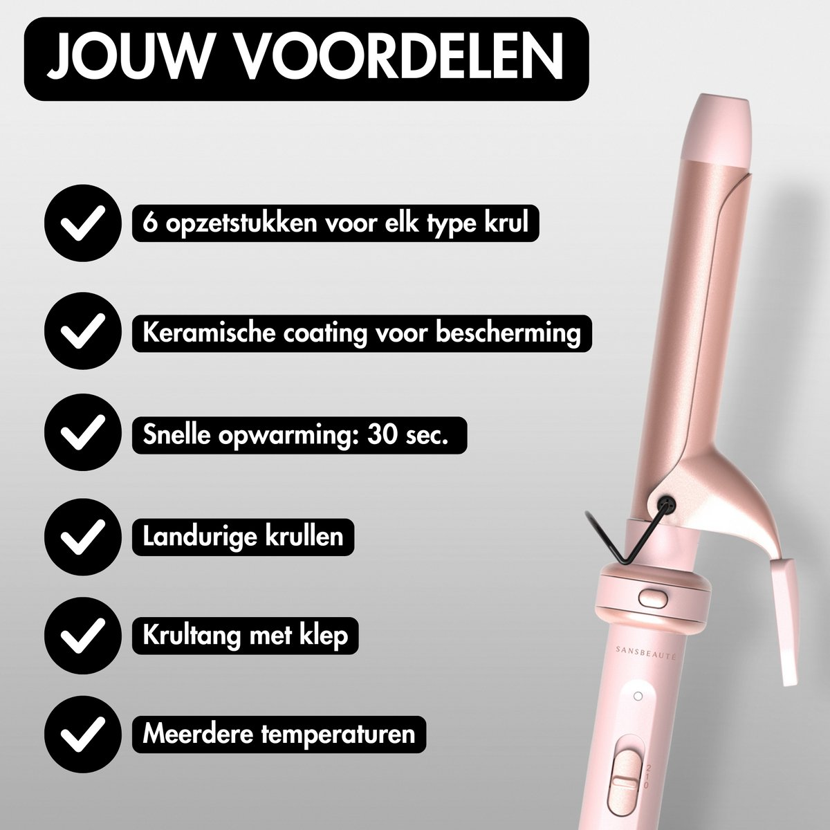 Een krultang met een roze handvat en verschillende functies vermeld met vinkjes. Inclusief keramische coating, snel opwarmen en temperatuurinstellingen.