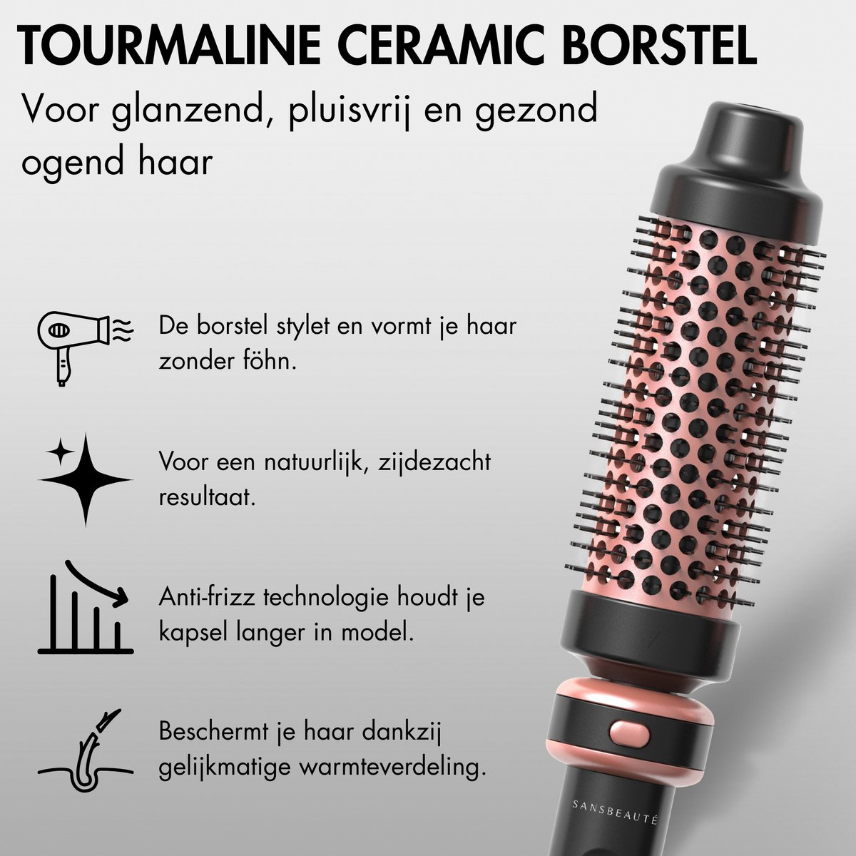 Een zwarte en roze keramische haarborstel. De tekst beschrijft het als toermalijn, voor glanzend, gezond haar. Pictogrammen tonen voordelen.
